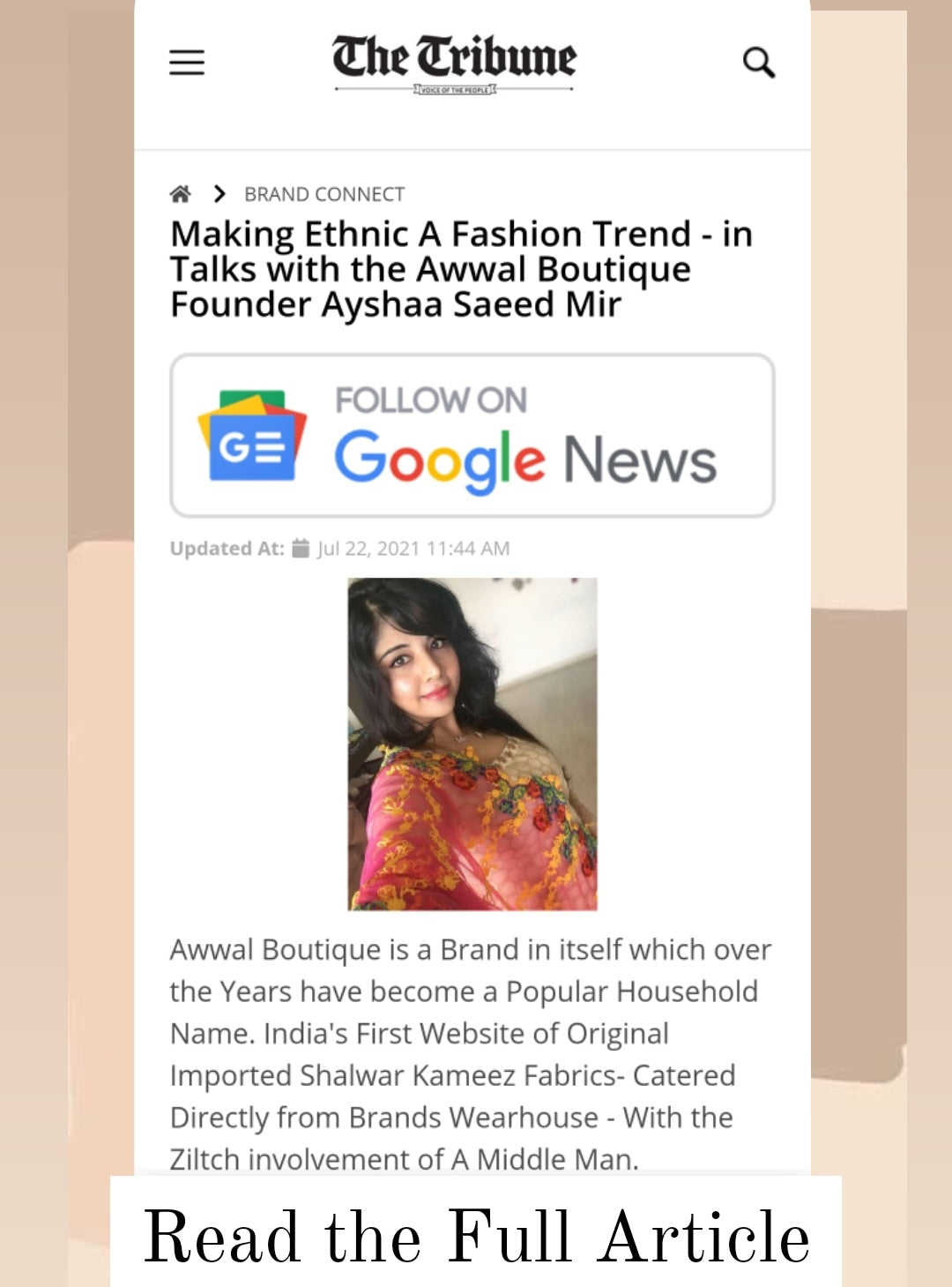 Awwal Boutique gets featured in the Prestigious "The Tribune"