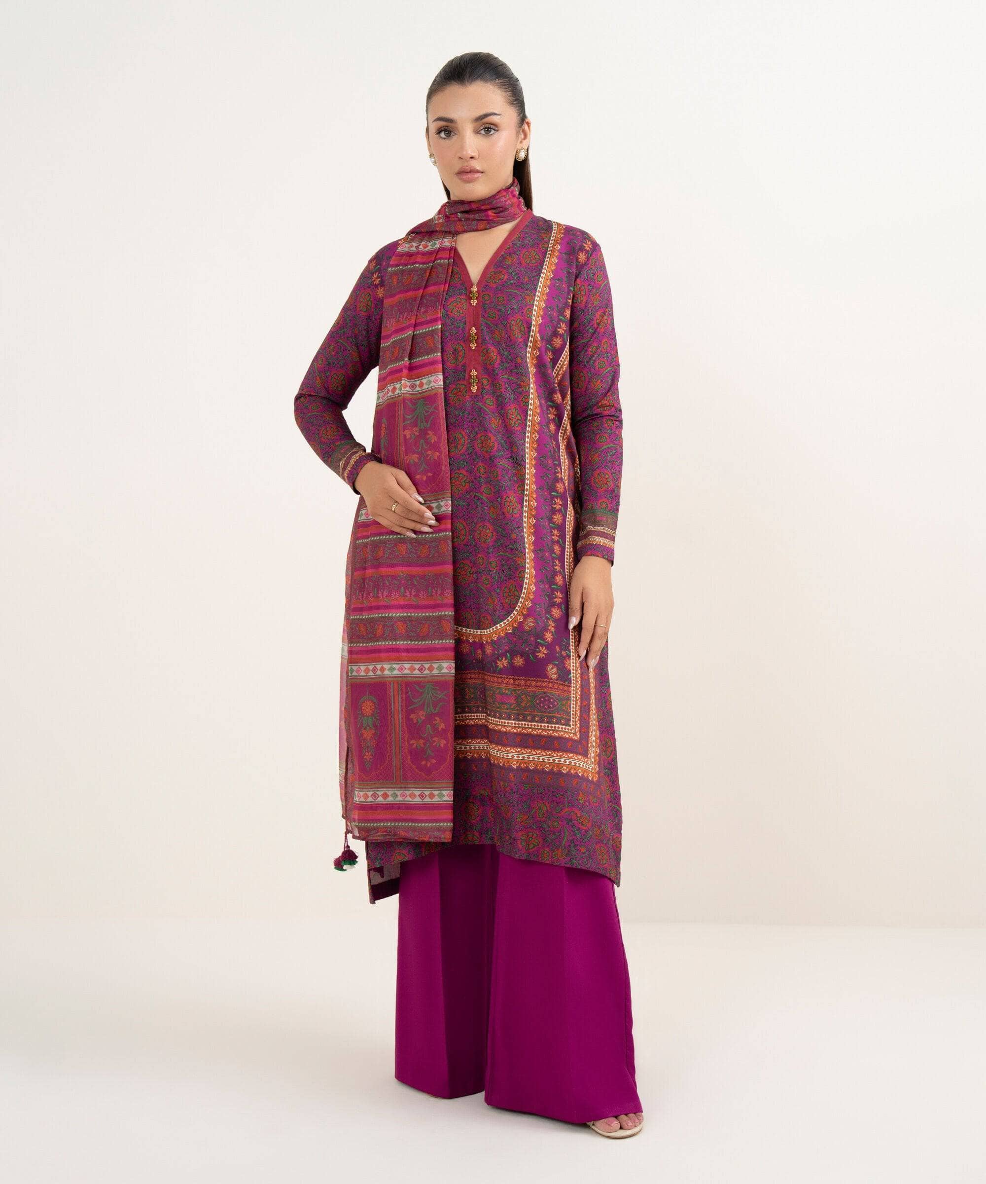 Restocked/Sapphire Intermix 25/Vol 2/Printed Arabic Lawn Suit/Magenta