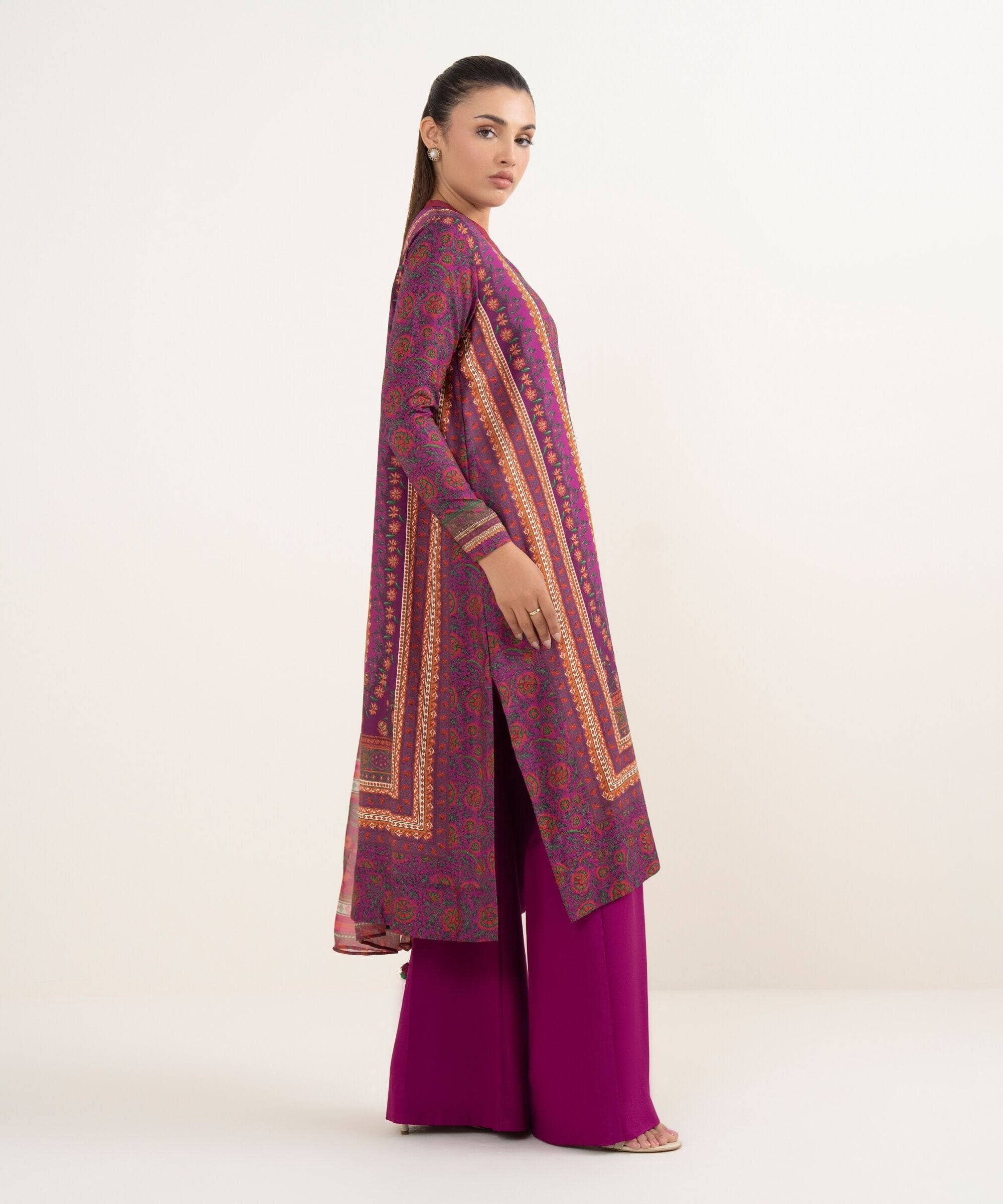 Restocked/Sapphire Intermix 25/Vol 2/Printed Arabic Lawn Suit/Magenta
