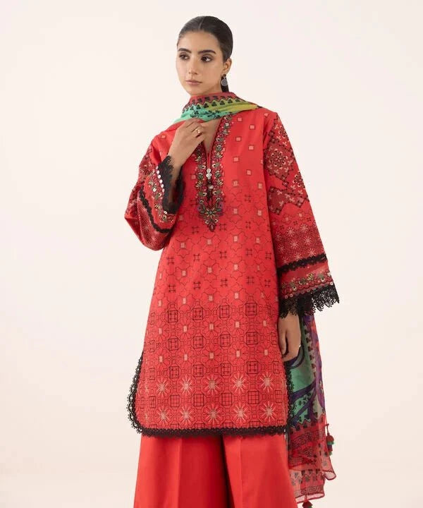 Restocked/Sapphire Intermix 25/Vol 2/Embroidered Cotton Suit/Green&Coral Pink