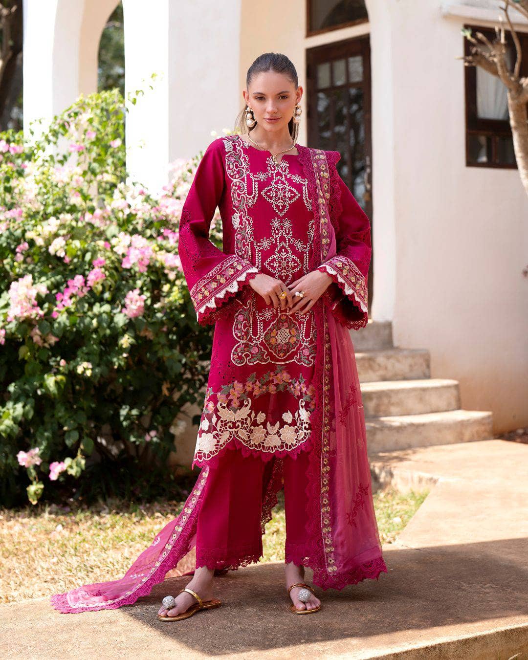 Restocked/Afsana Lawn by Nofha Official/Pink Ruby/Embroideried Chiffon Dupatta