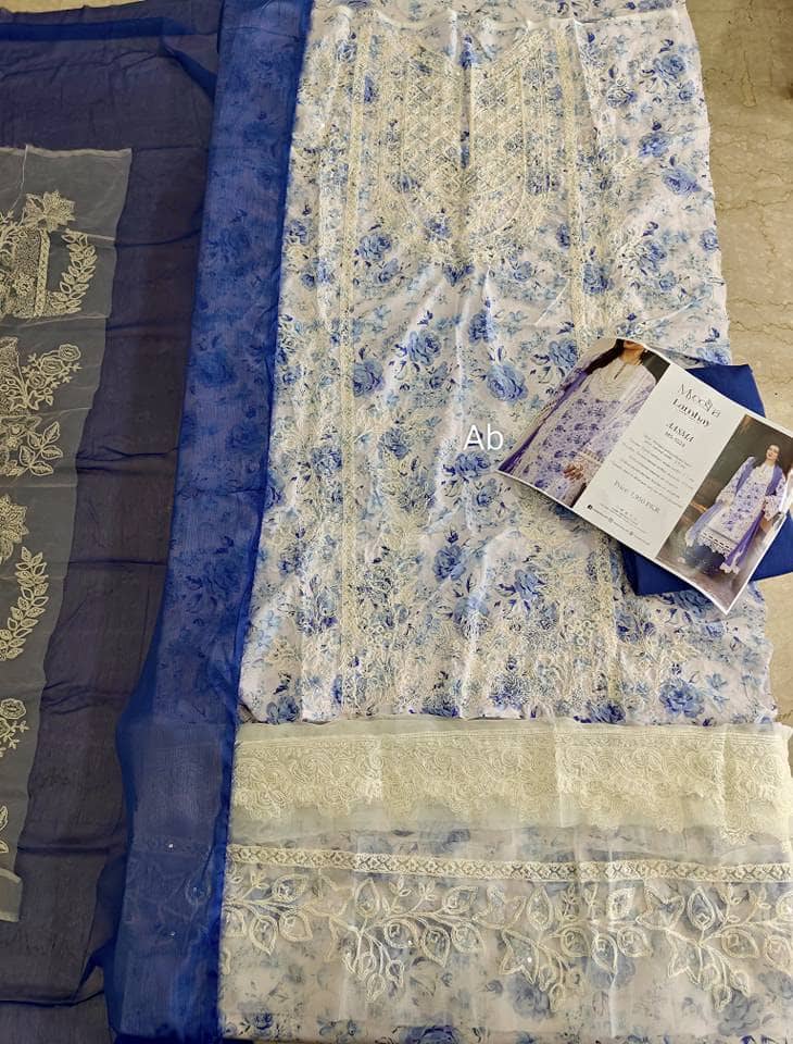 Open Pic/Myeesha Lawns/Aasma/Blue/Embroideried Chiffon Dupatta