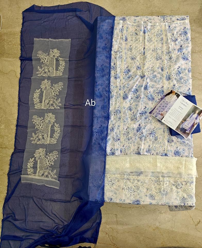 Open Pic/Myeesha Lawns/Aasma/Blue/Embroideried Chiffon Dupatta