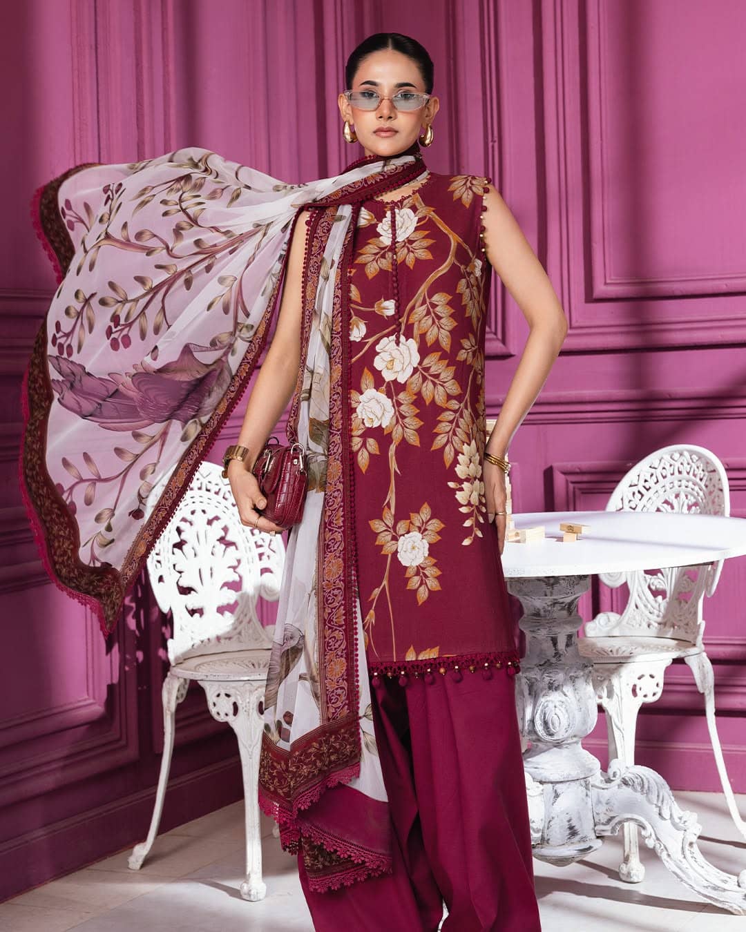 Maria B M Basics/Vol 2/Linen Suit/2B/Maroon