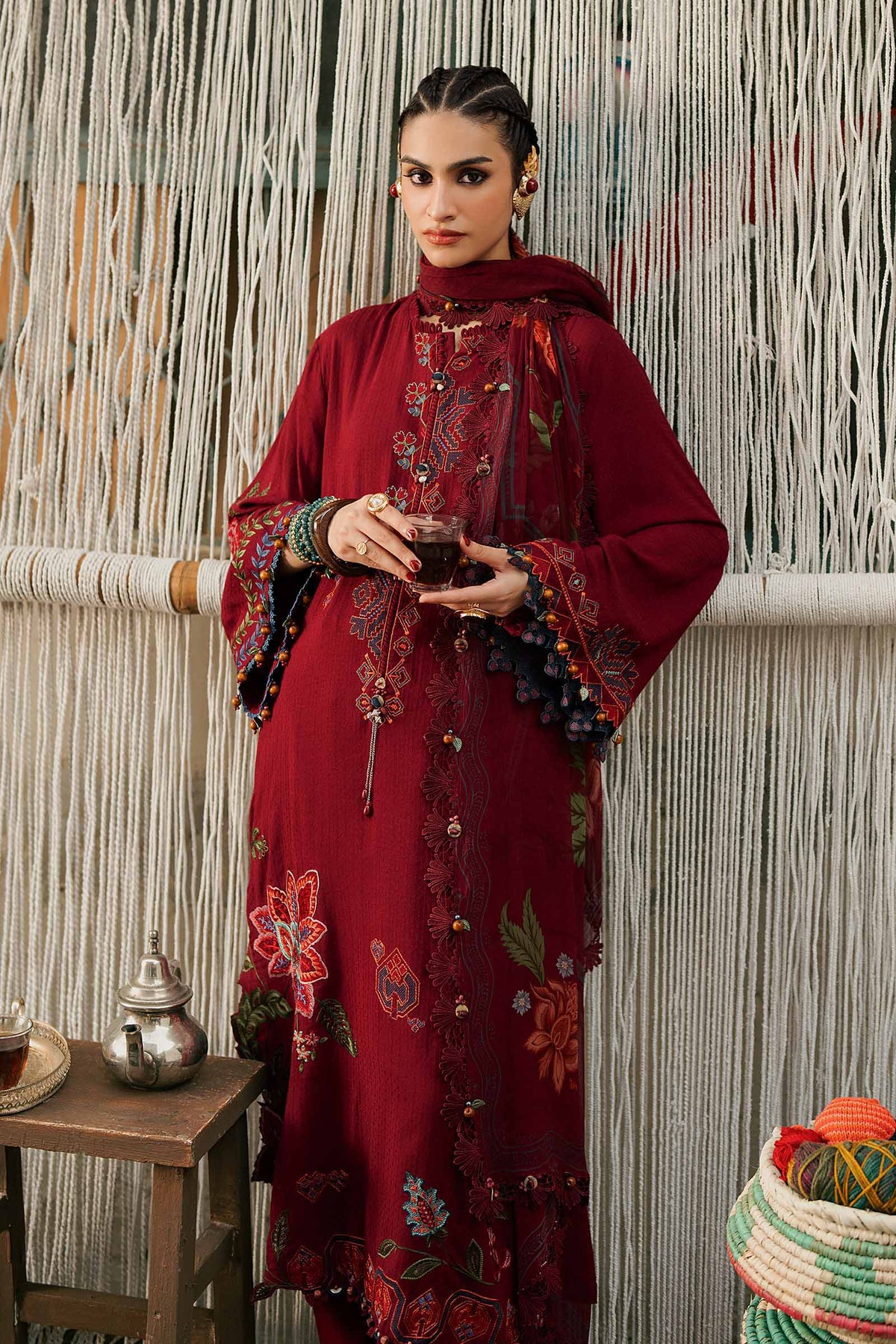 Maria B M Prints/Fall Edit 26/10 A/Dobby Linen Suit/Maroon