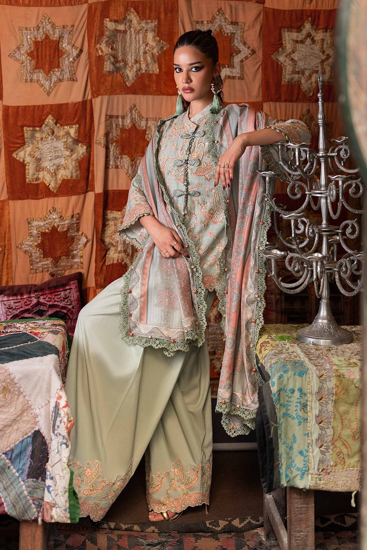 Maria B M Prints/Fall Edit 26/8 B/Irish Linen Suit/Sea Green/Shawl
