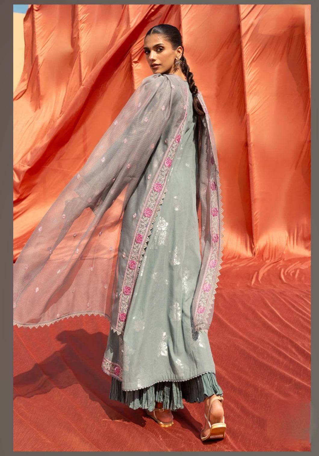 Cross Stitch Lawn 24/Silver Shine/Teal/Net Embroidered Dupatta