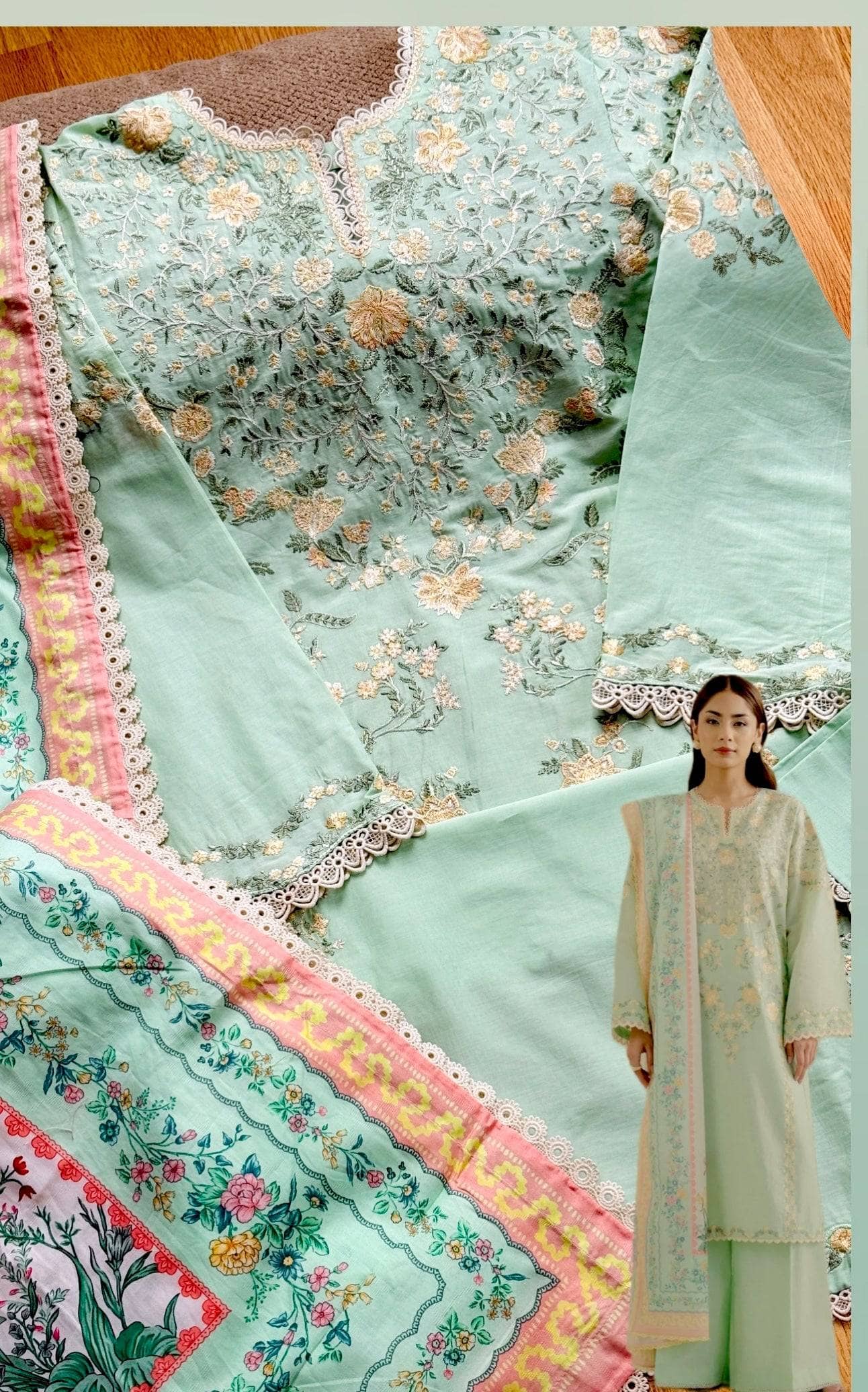 Stitched Look of Unstitched Zara Shahjahan/Coco Edit 2/Sea Green/Velin 7A/Self Jacquard Dupatta