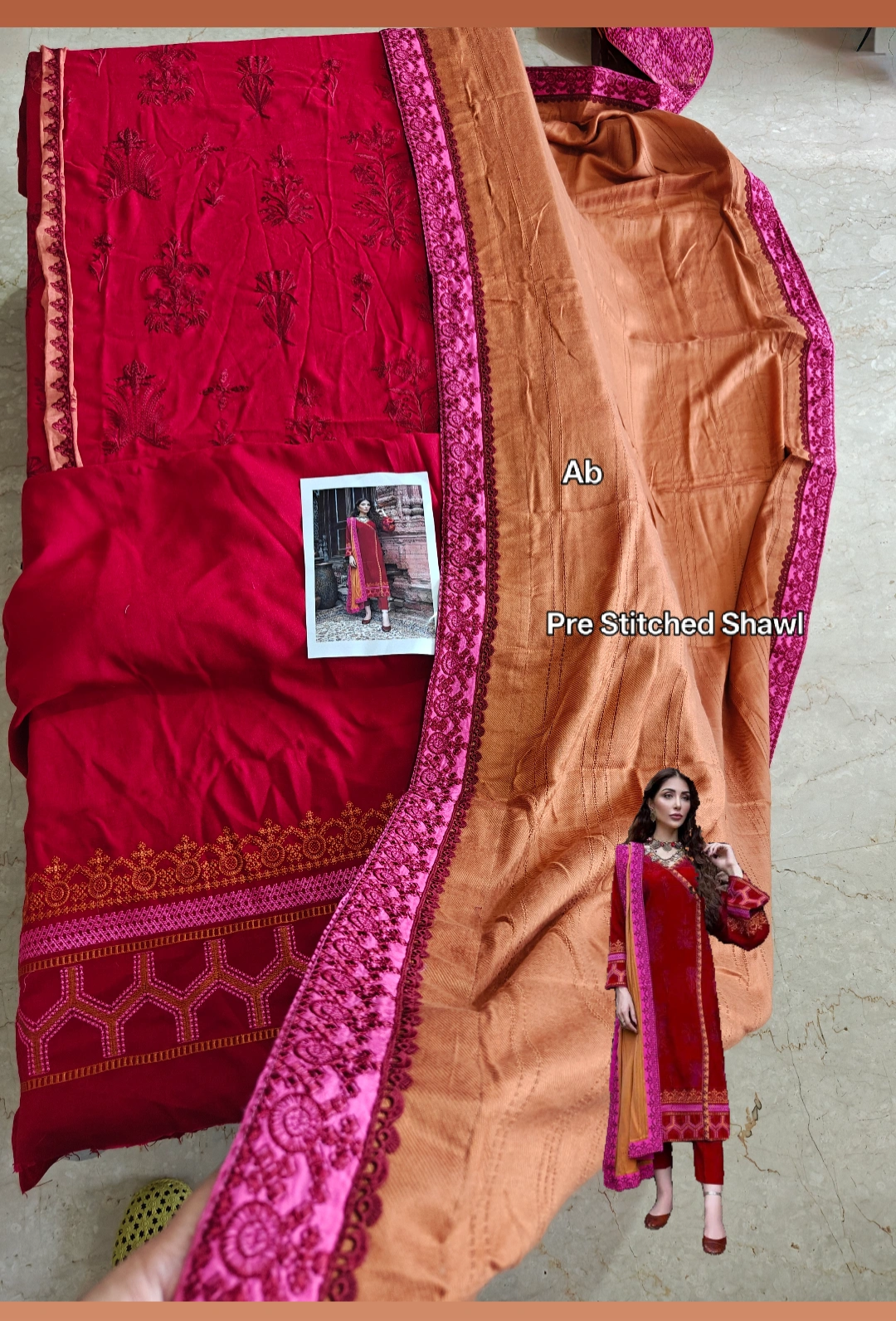 Semi Stitched/Charizma Poshima/Pre Stitched Shawl&Shirt/Leather Peach Fabric
