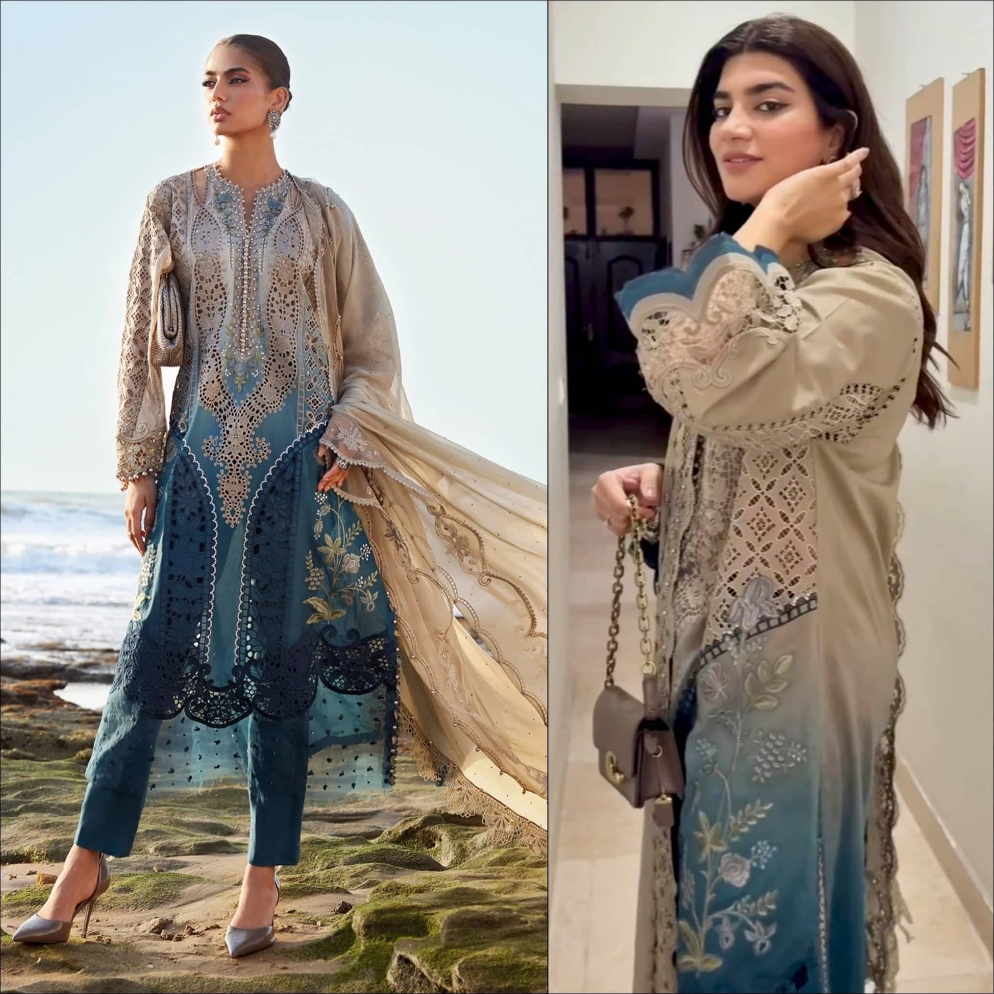 Spotted inMaria B Luxury Lawn 25/Vol 2/D 8/Coffee and Teal