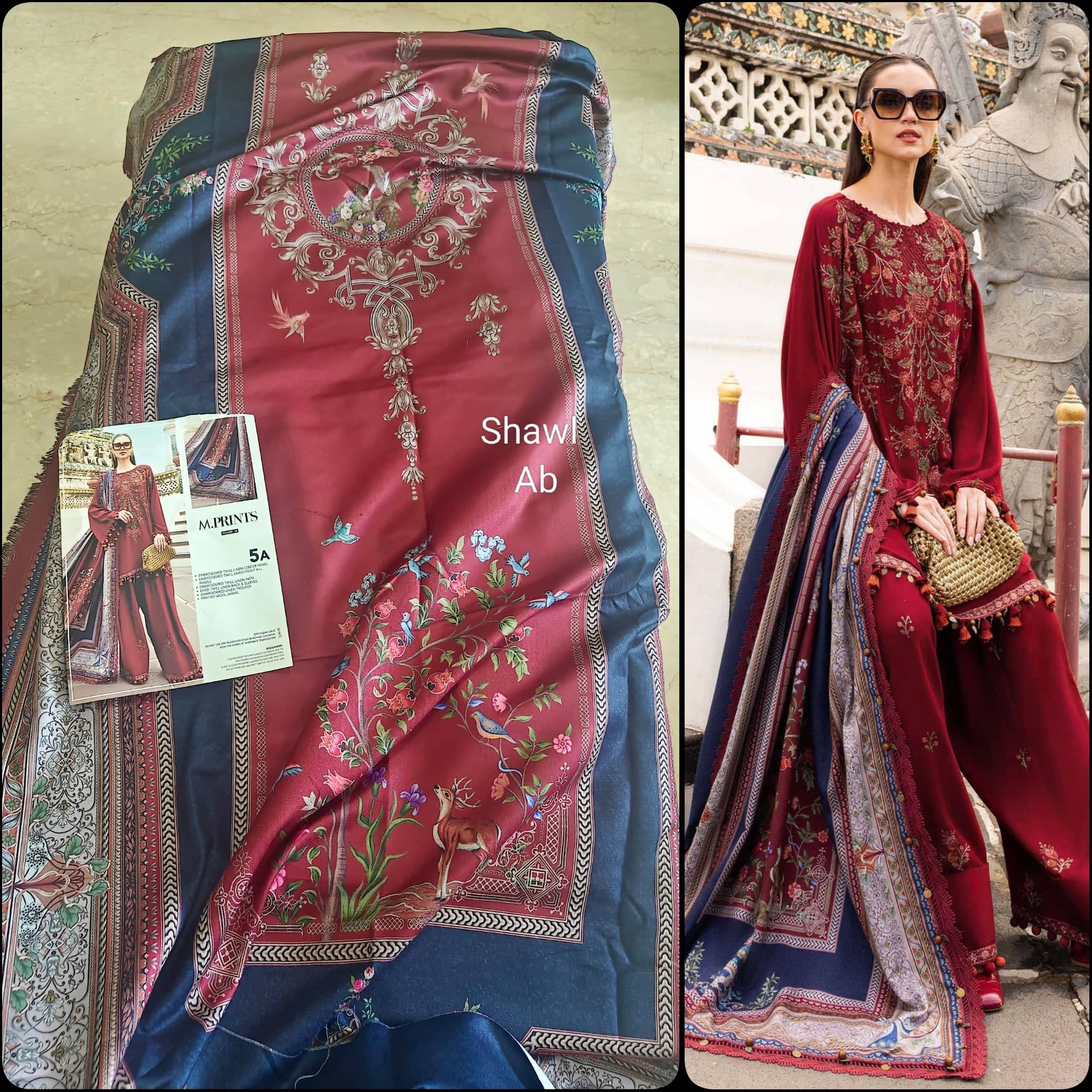 Maria B M Prints 25/Vol 2/5A/Winter Edit/Maroon/Twill Linen/Wool Shawl