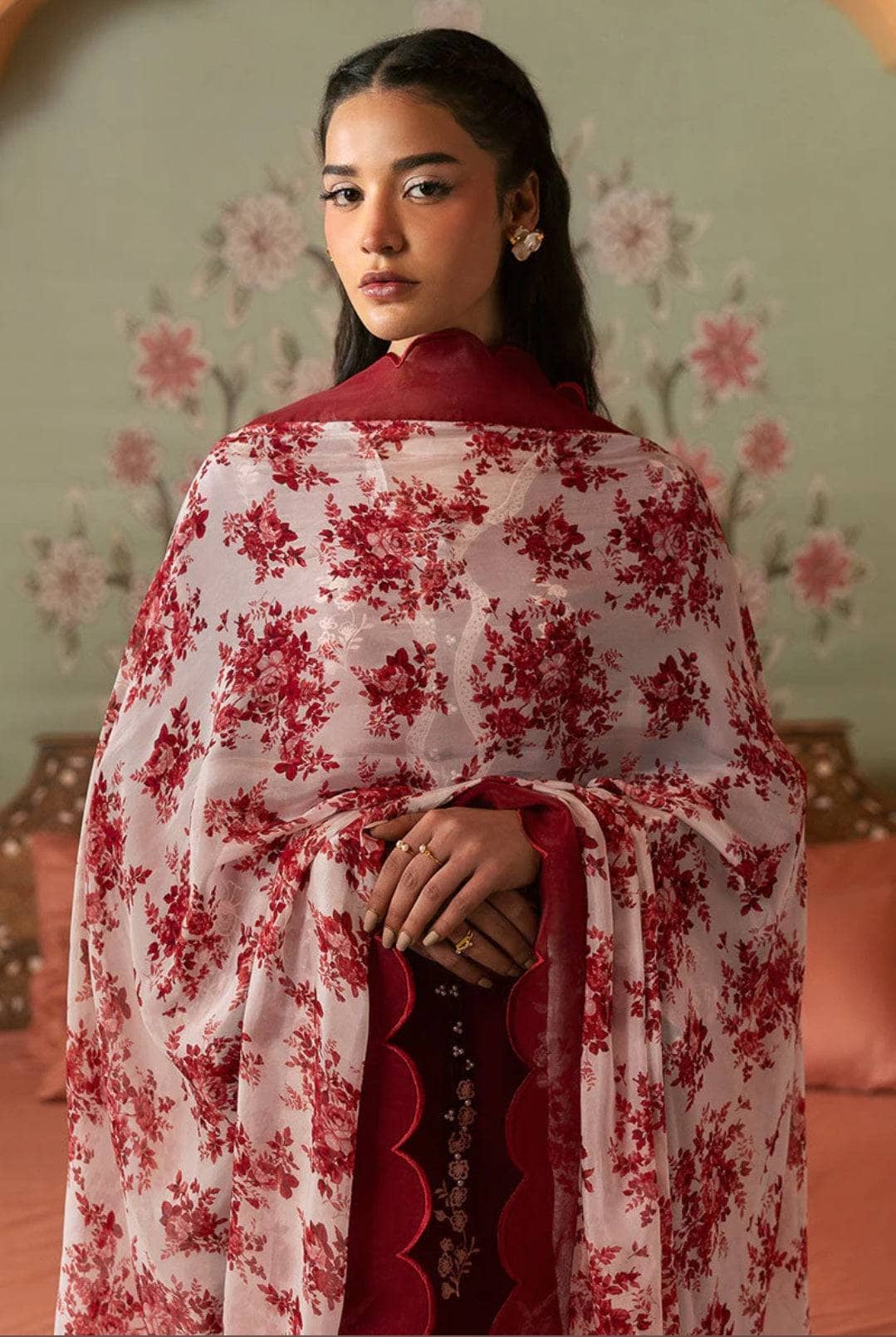 Restocked/Cross Stitch Premium Lawn 25/Crimson Red/Silk Dupatta