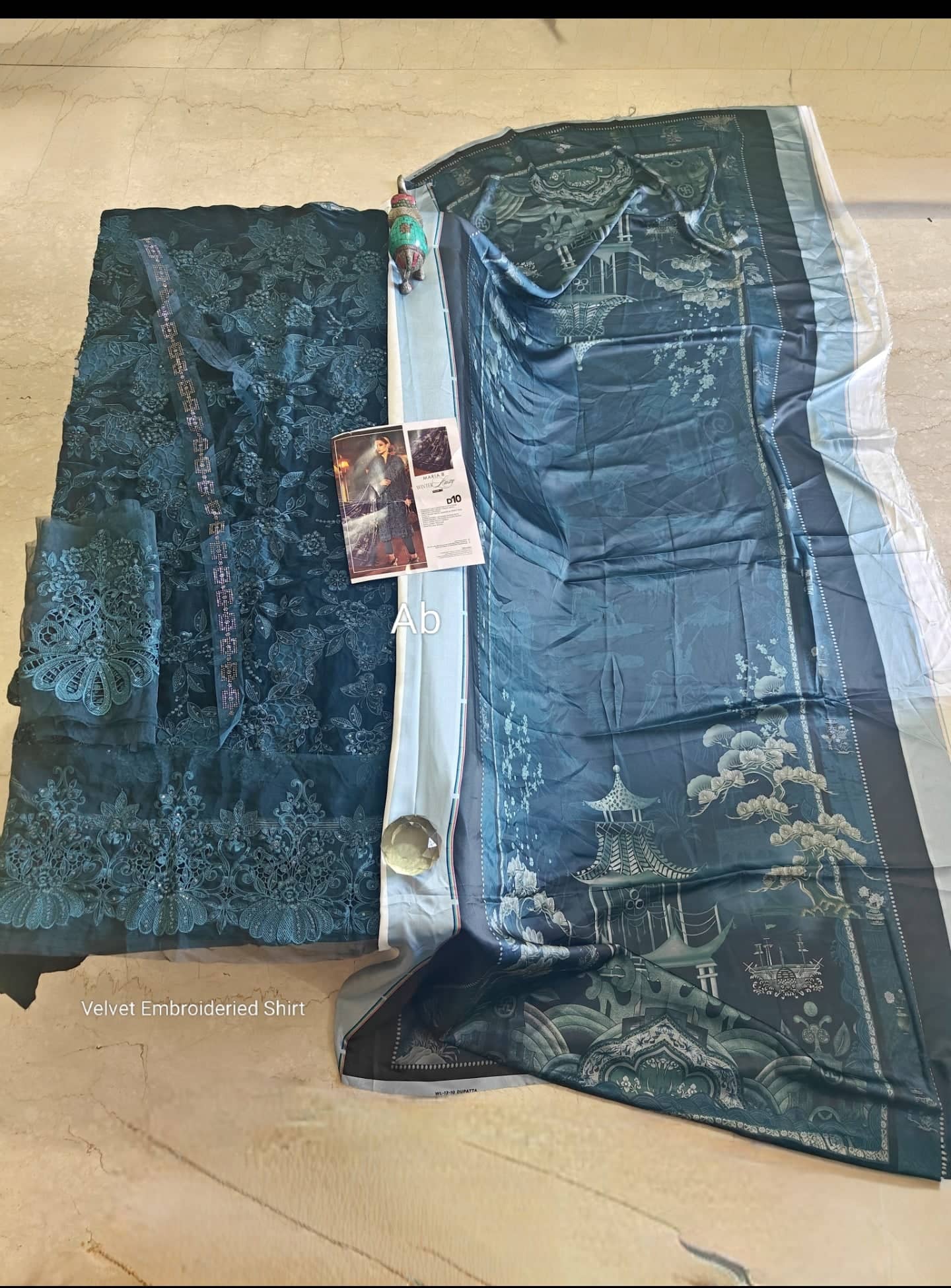 Open Pic//Maria B Winter Luxe/Embroideried Velvet Suit/Silk Wool Shawl/10/Teal