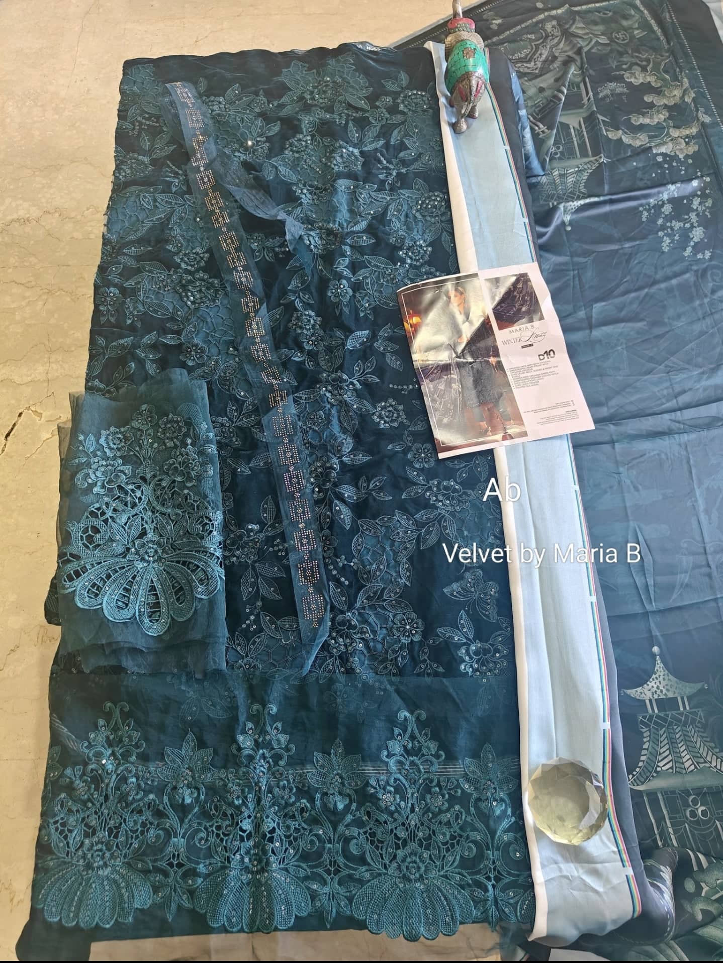 Open Pic//Maria B Winter Luxe/Embroideried Velvet Suit/Silk Wool Shawl/10/Teal