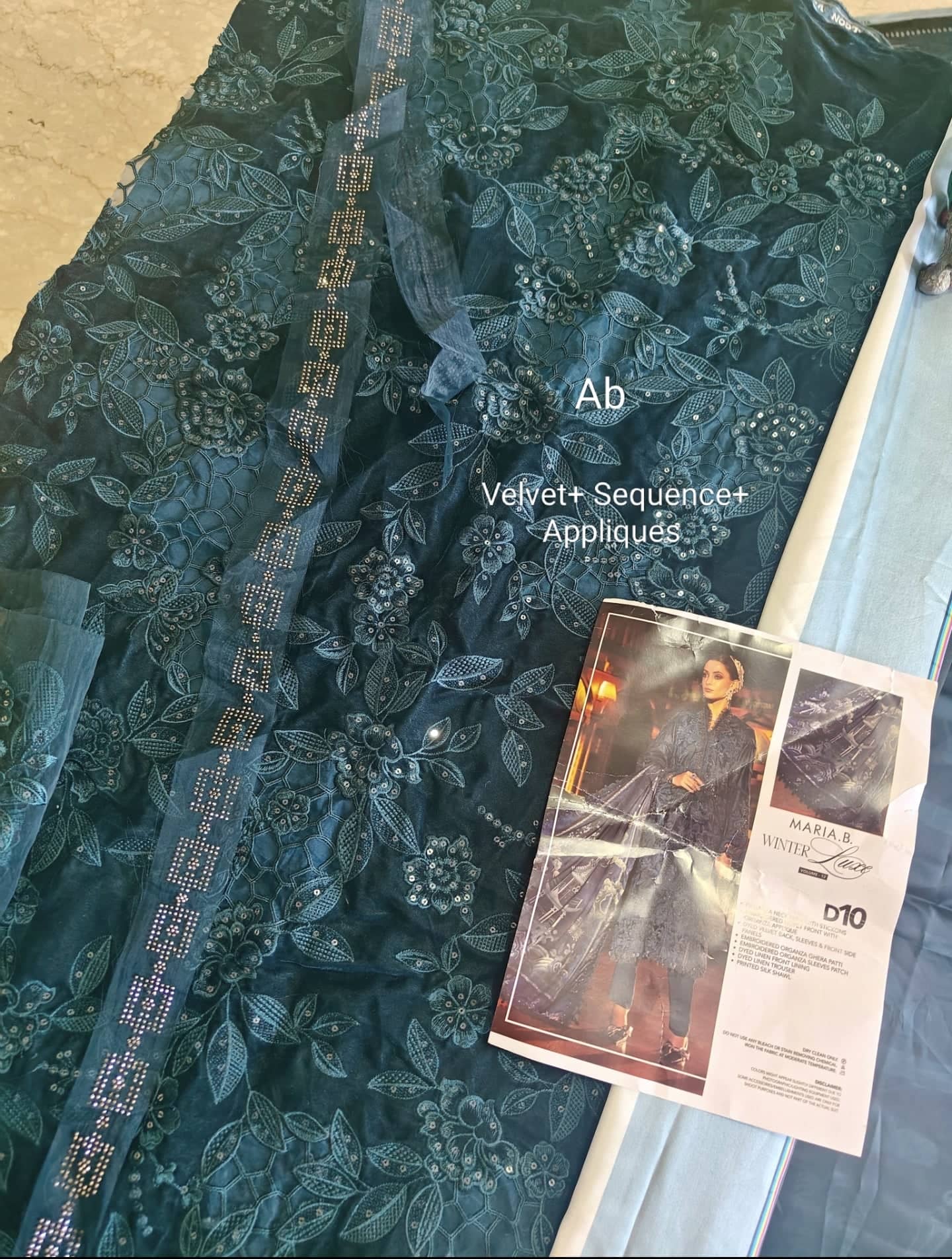 Open Pic//Maria B Winter Luxe/Embroideried Velvet Suit/Silk Wool Shawl/10/Teal