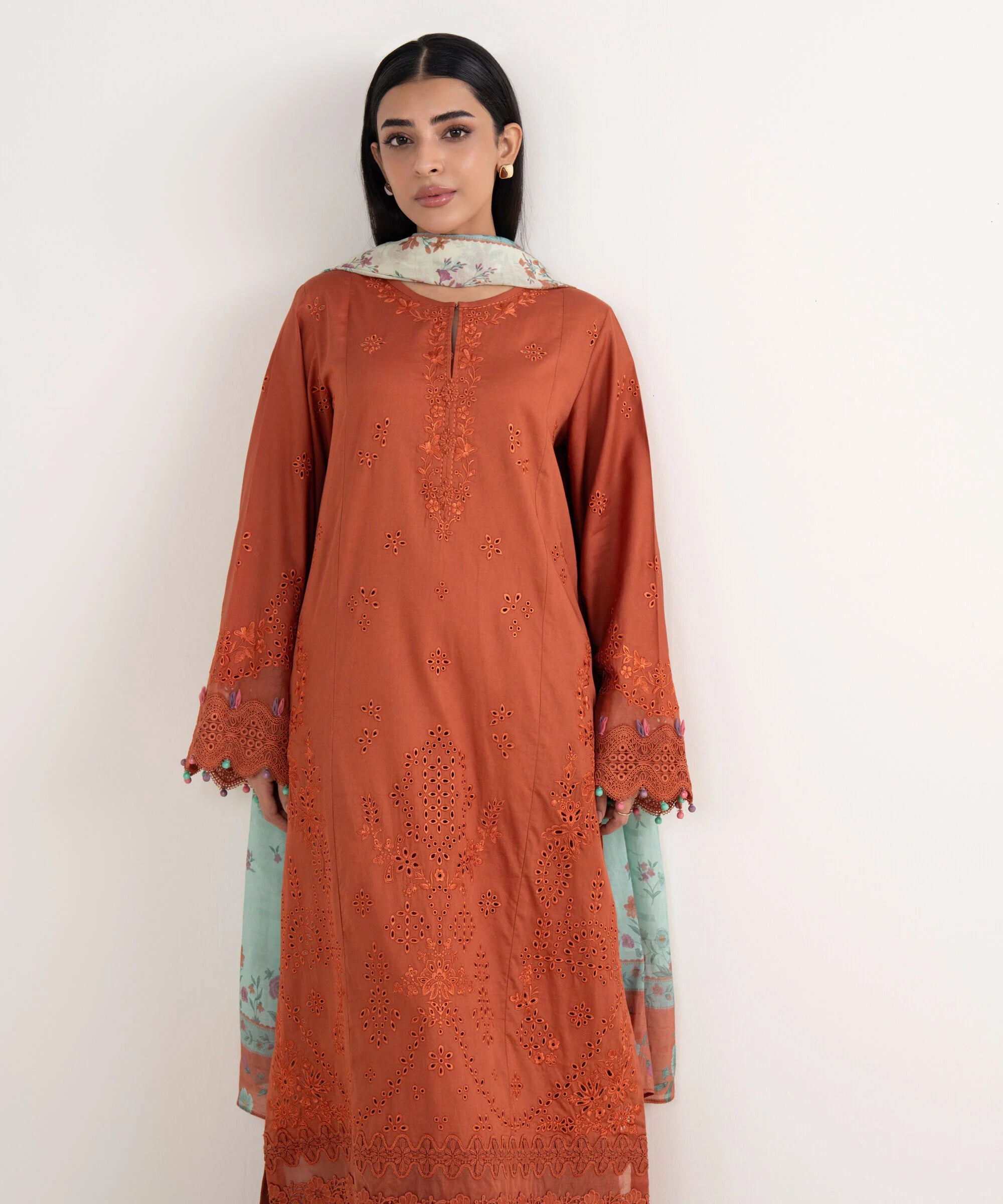Restocked/Sapphire Winter Essentials/Embroidered Fine Cotton Satin Suit/U3PE-SG25V7-10/Rust