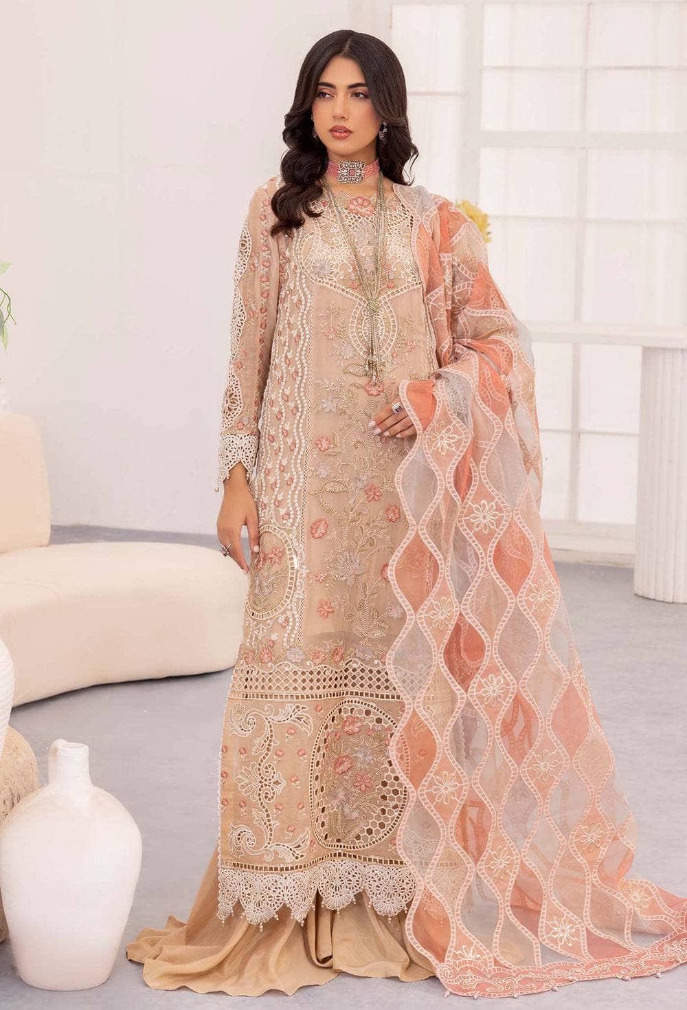 Adans Libas Chiffon Pakistani Suit Restocked/Adans Libas Chantelle Chiffon/Peach Jasper