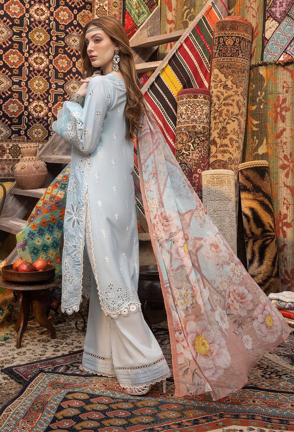 Schiffli Dissolved Embroidered Lawn Front 0.8 MTR Schiffli Dissolved Embroidered Lawn Back 0.8 MTR Schiffli Dissolved Embroidered Lawn Sleeves 0.66 MTR Dyed Cotton Trouser 2.5 YARD Digital Printed Chiffon Dupatta 2.5 YARD