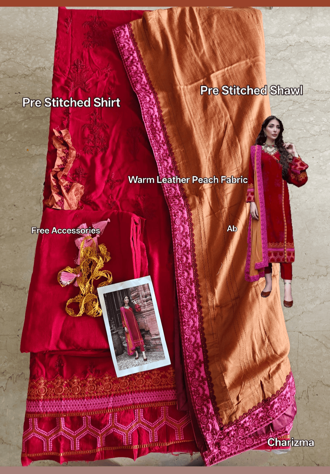 Semi Stitched/Charizma Poshima/Pre Stitched Shawl&Shirt/Leather Peach Fabric