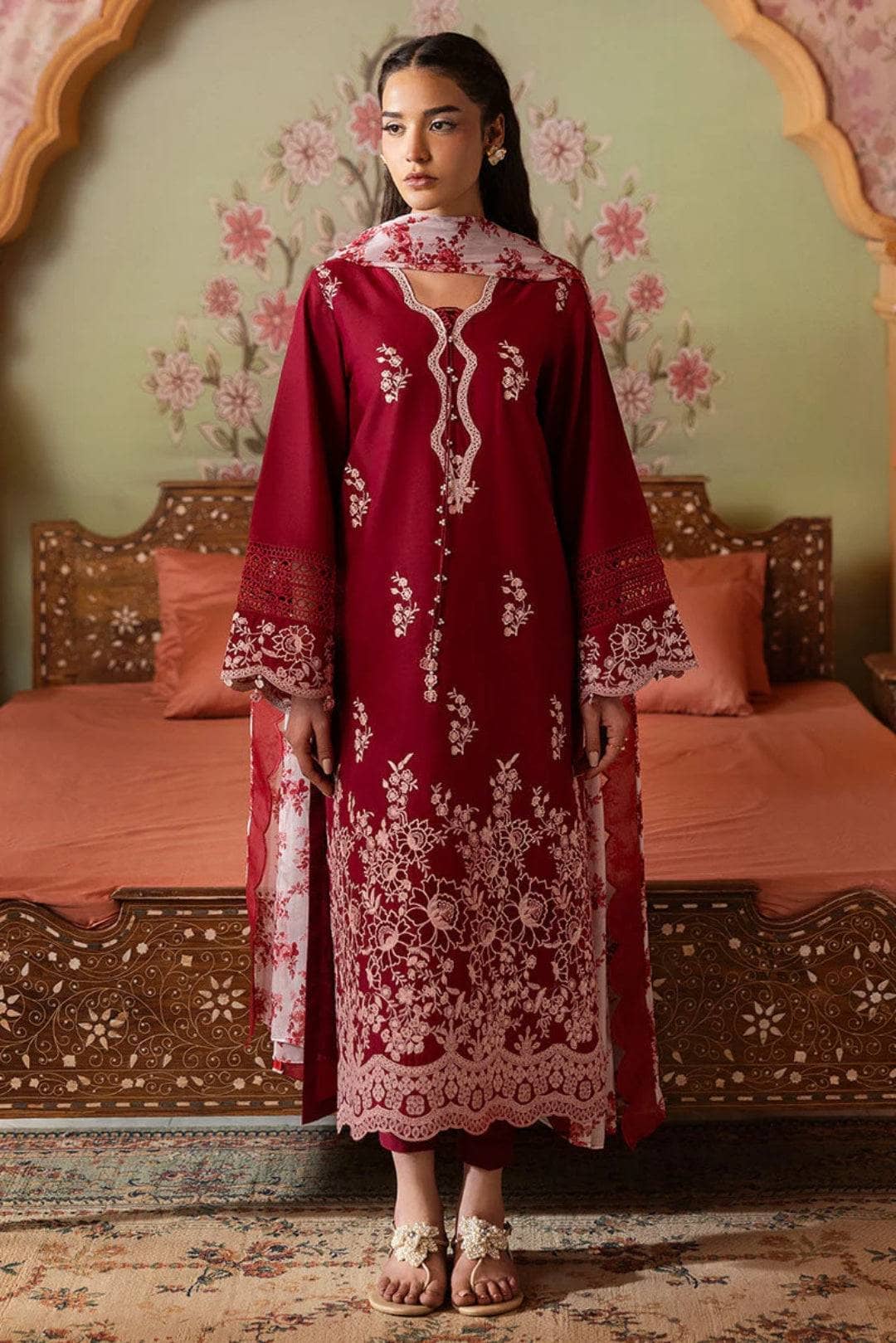 Restocked/Cross Stitch Premium Lawn 25/Crimson Red/Silk Dupatta
