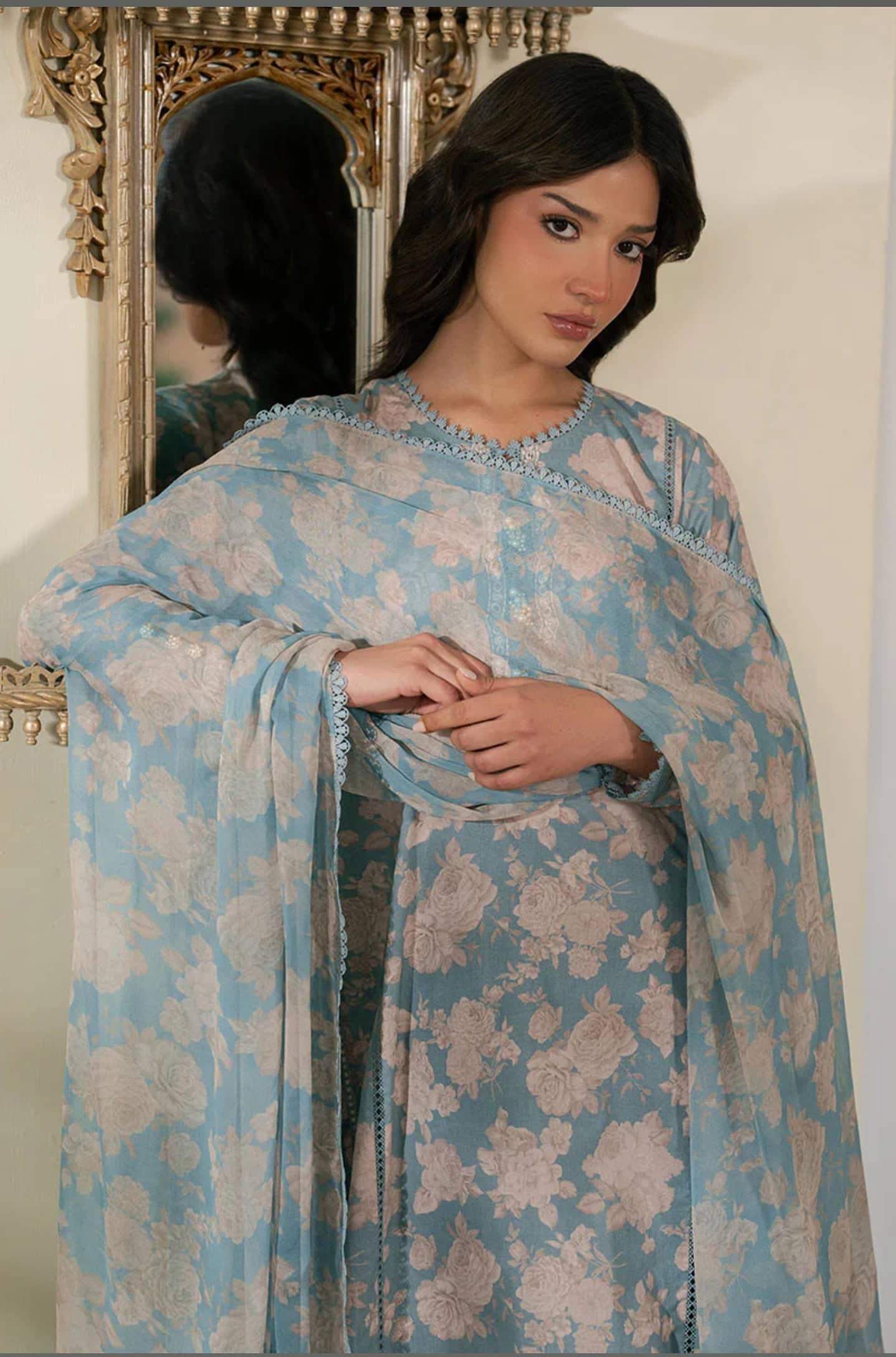 Restocked/Cross Stitch Mahiri 26/Dusk Bloom/Blue/Chiffon Dupatta