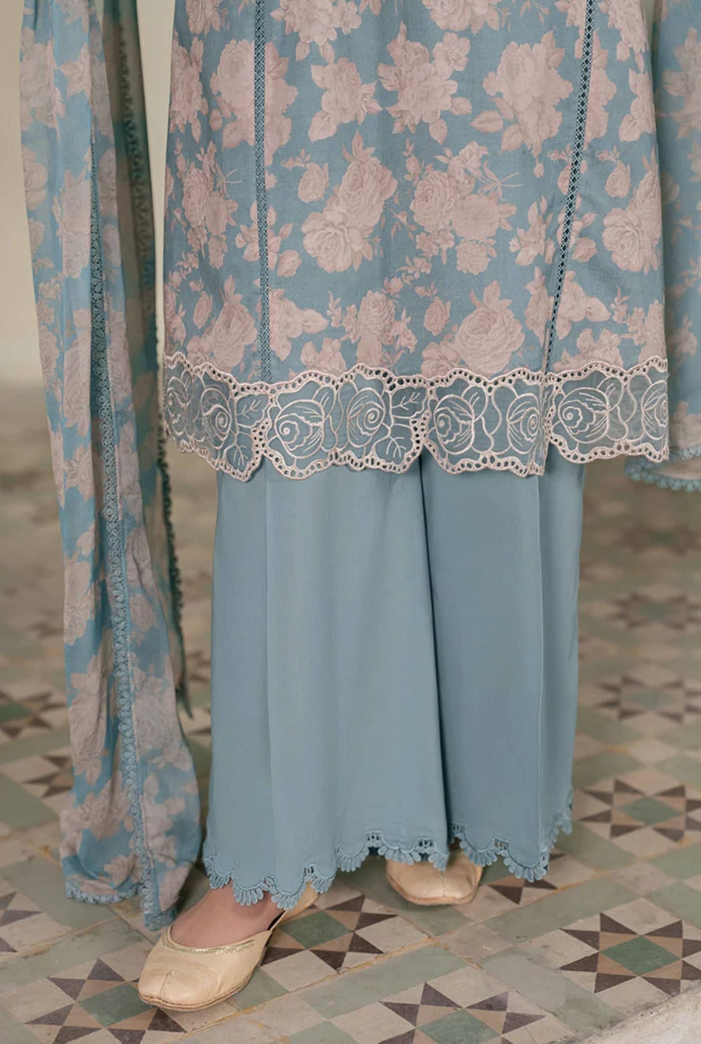 Restocked/Cross Stitch Mahiri 26/Dusk Bloom/Blue/Chiffon Dupatta