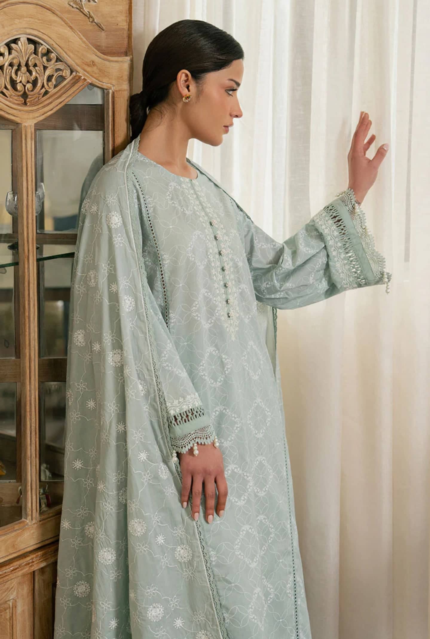Sale‼️Cross Stitch Mahiri 26/S Green/Embroideried Dupatta