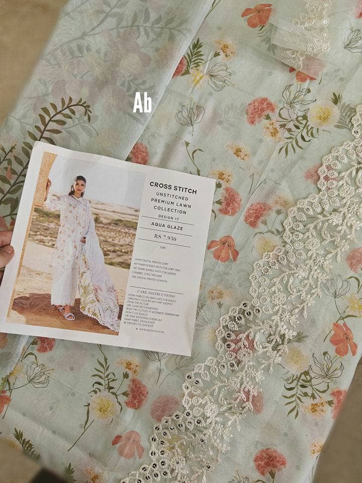 Cross Stitch open pics Open Pic/Cross Stitch Lawn 24/Aqua Glaze/Silk Dupatta