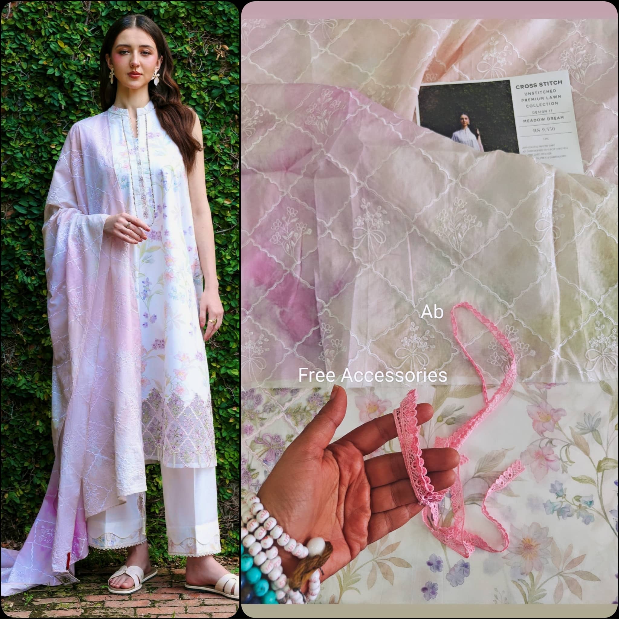 Sale‼️Open Pic/Cross Stitch Premium Lawn 26/Meadow Dream/White