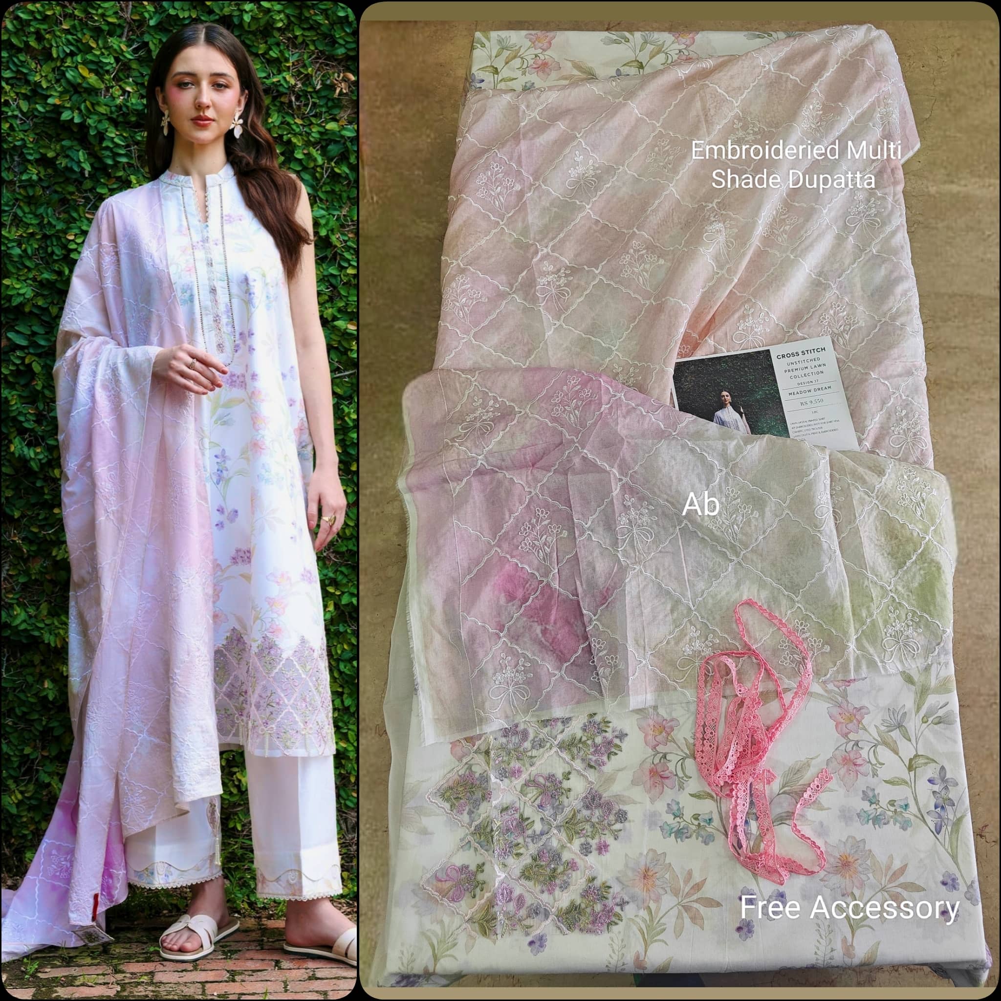 Sale‼️Open Pic/Cross Stitch Premium Lawn 26/Meadow Dream/White