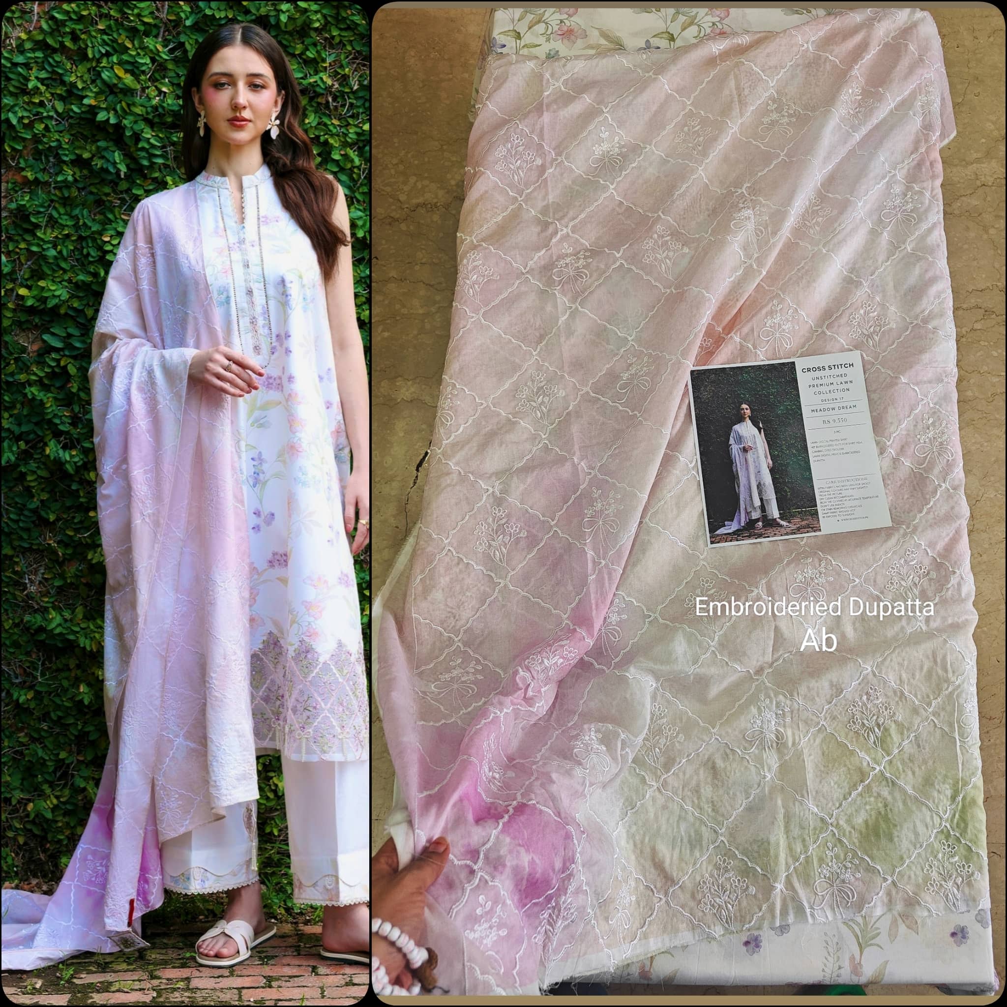 Sale‼️Open Pic/Cross Stitch Premium Lawn 26/Meadow Dream/White