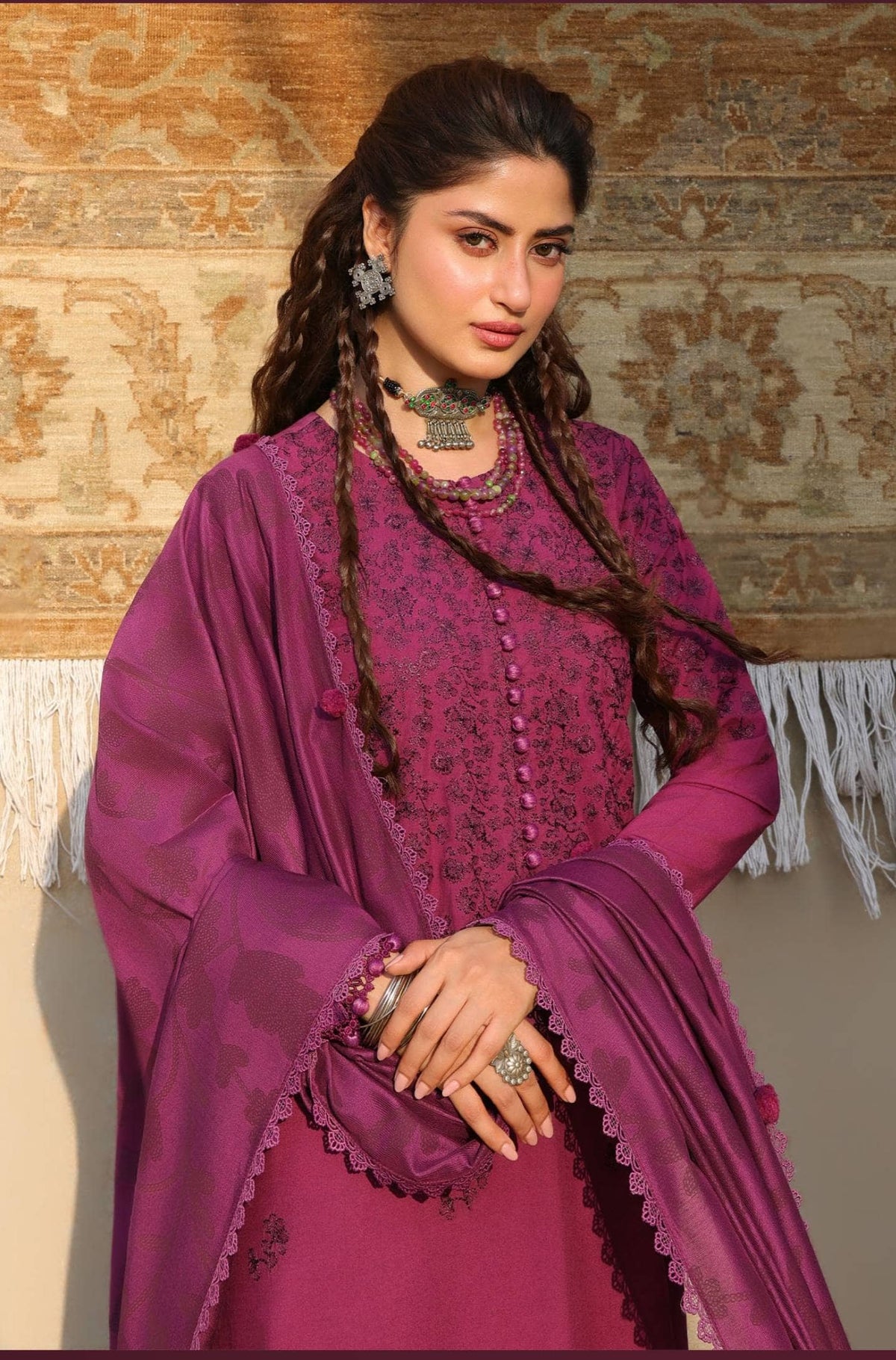 Cross Stitch Winter 26/VELVET FUCHSIA-3PC LINEN EMBROIDERED SUIT