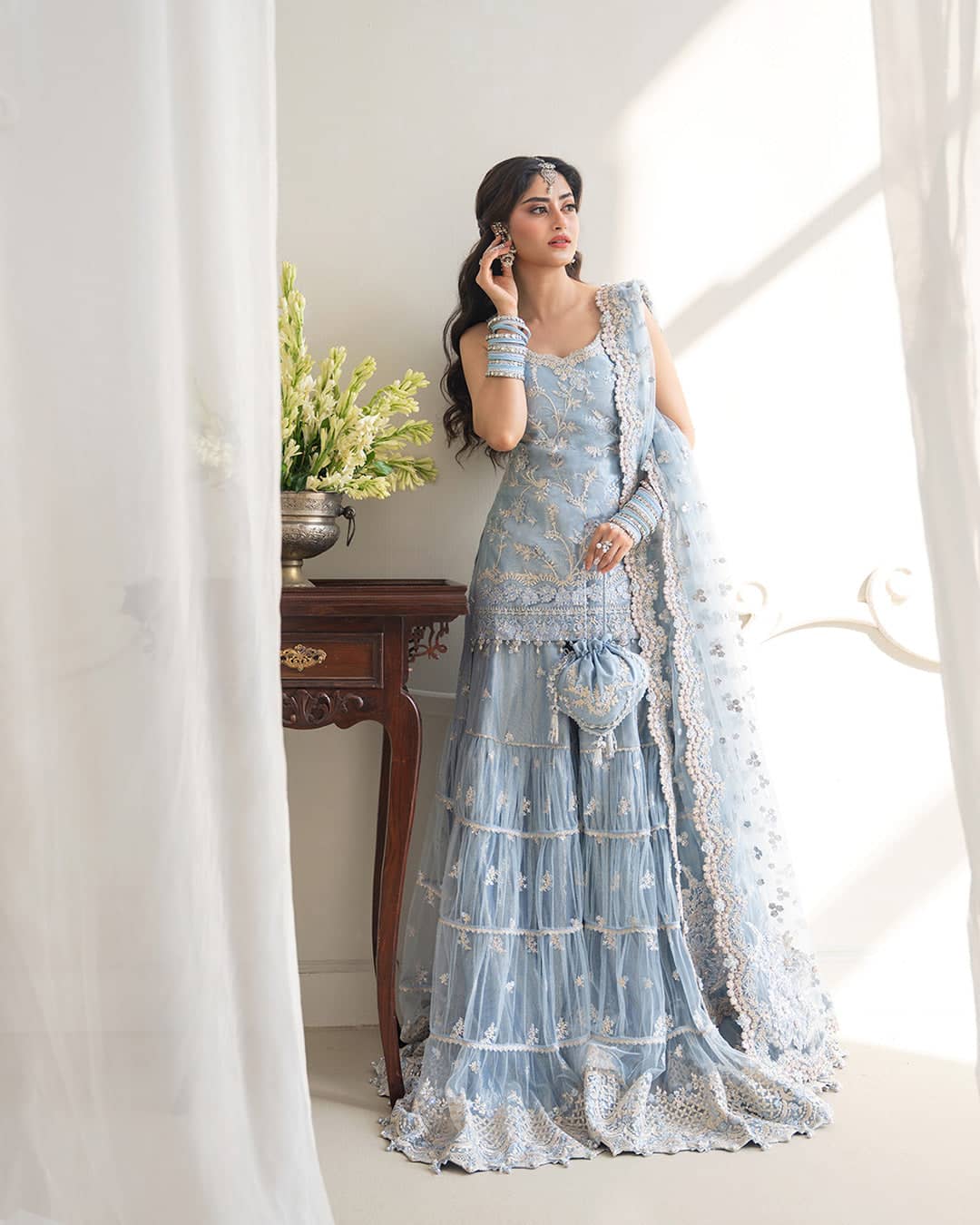Faiza Saqlain Chiffon Pakistani Suit Faiza Saqlain Rua Wedding Formals/Ice Blue/Oya