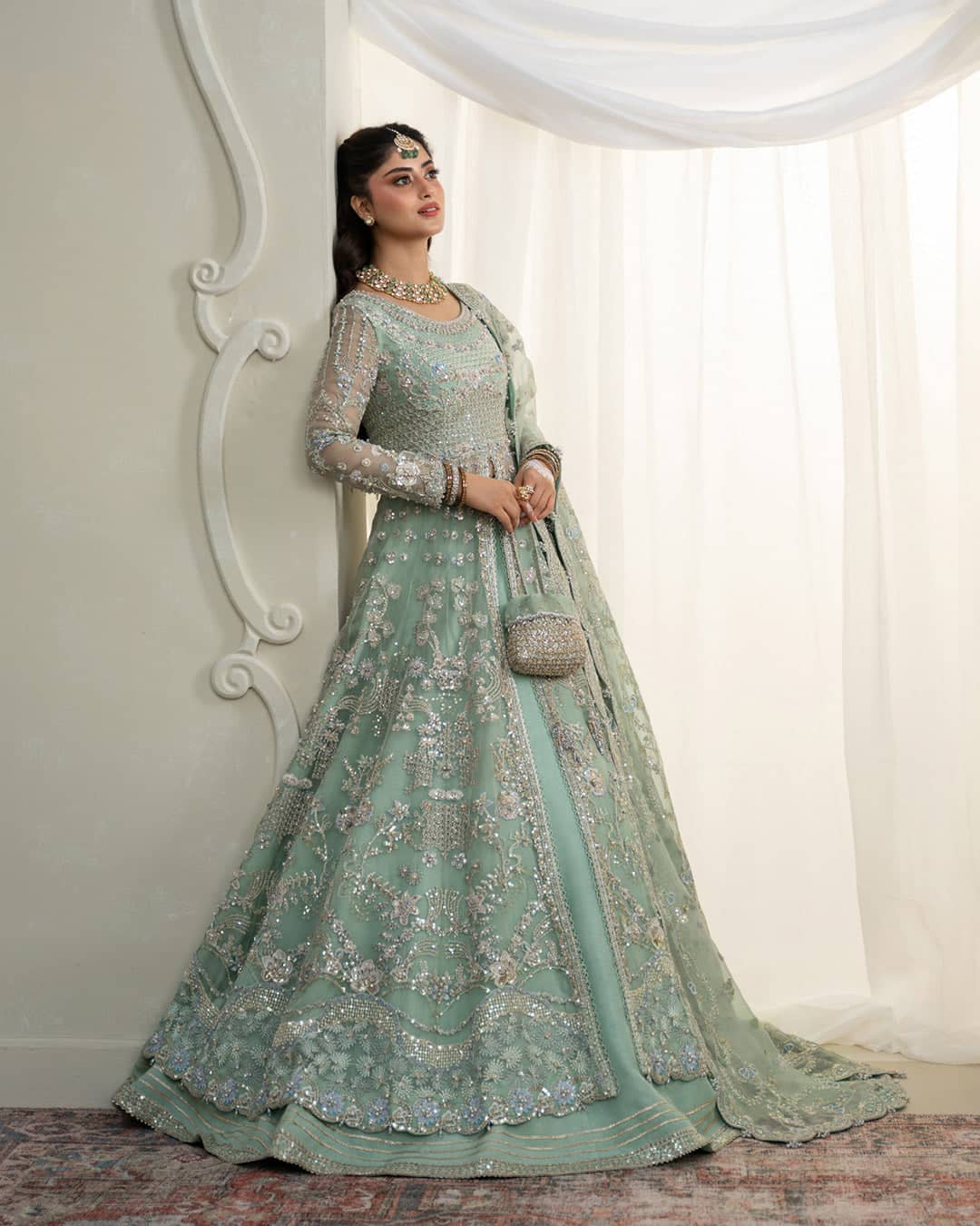 Faiza Saqlain Chiffon Pakistani Suit Faiza Saqlain Rua Wedding Formals/Mint Green/Selin