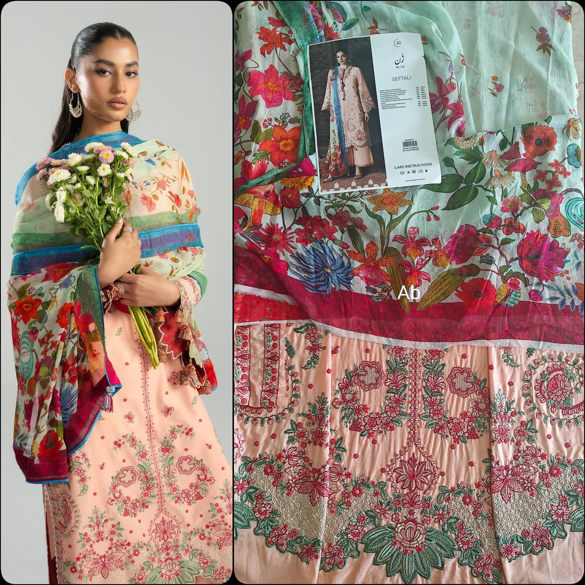 Open Pic/Hussain Rehar Zan Luxury Lawns/Seftali/Peach