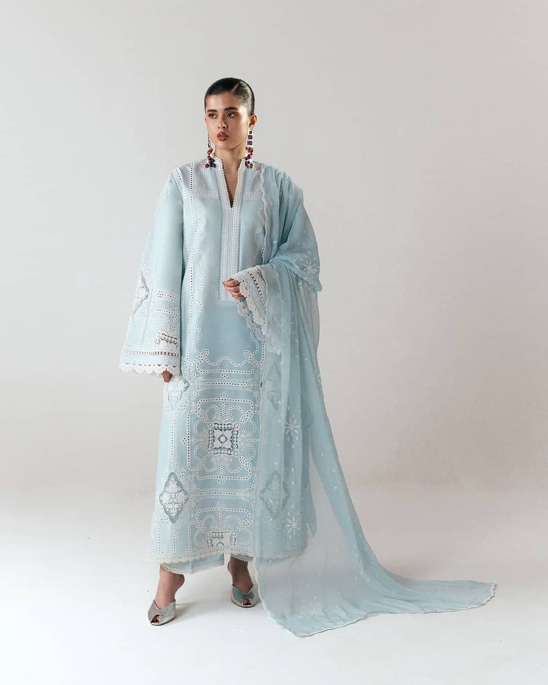 Hot🔥Seller/Jugnu Lahore Lawn/Vol 3/Dira/Aqua Blue/Embroideried Chiffon Dupatta