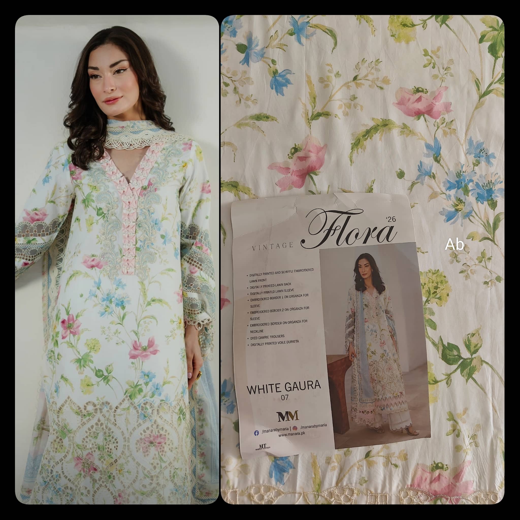 Sale‼️Open Pic/Manara Luxury Lawn 26/White Gaura/Off White
