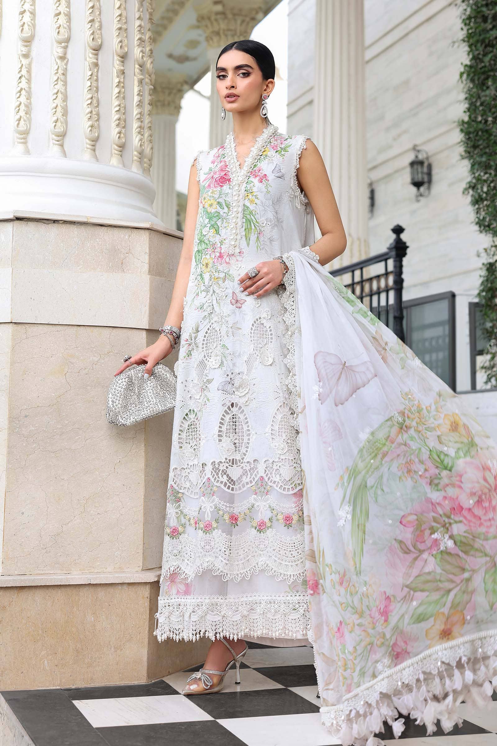 Hot🔥Seller/ Maria B Luxury Lawn 26/Vol 2/D-03/Off White