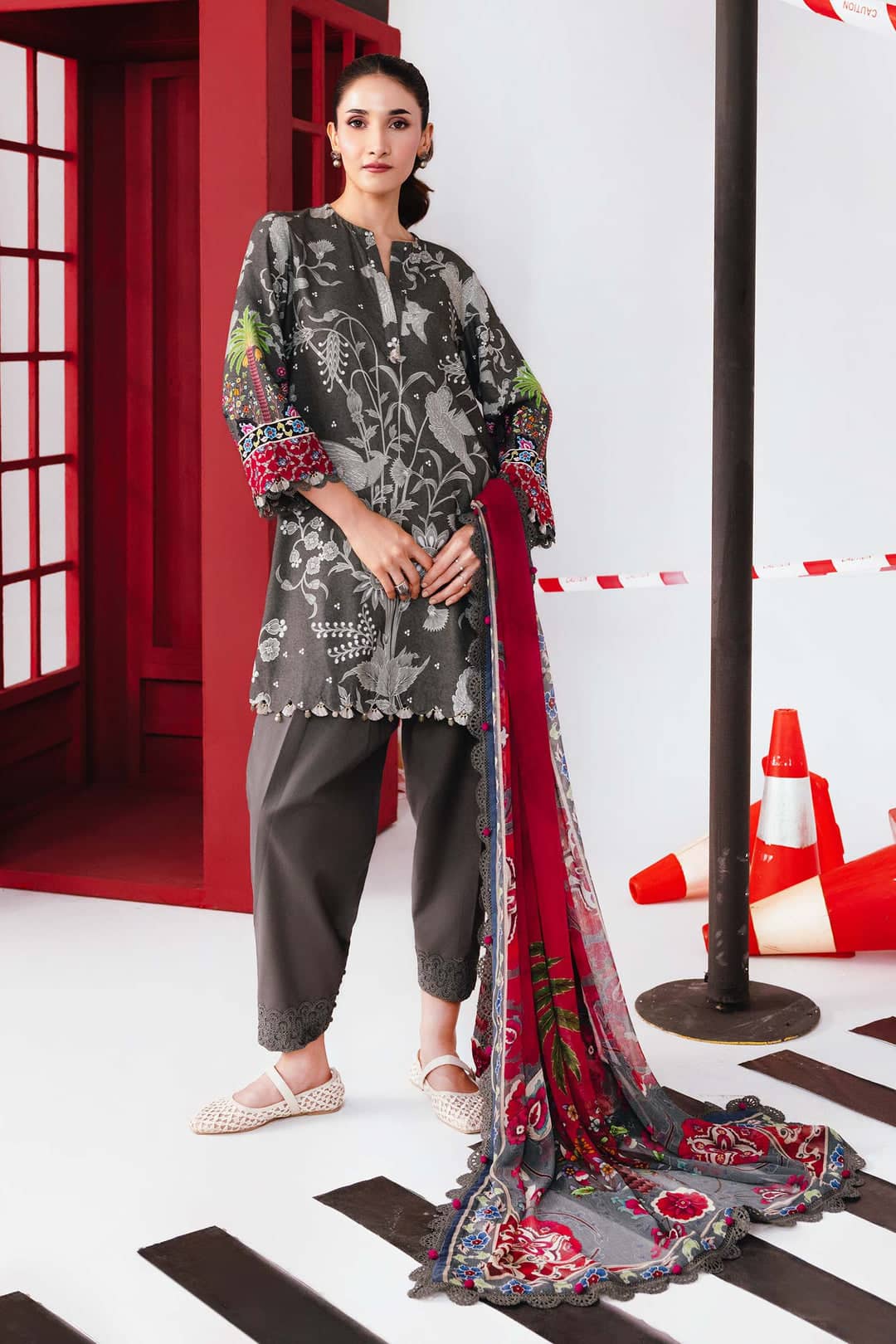 Maria B M Basics Winter Pakistani Suits Maria B M Basics/Vol 2/Marina Twill Suit/6A/Charcoal Grey