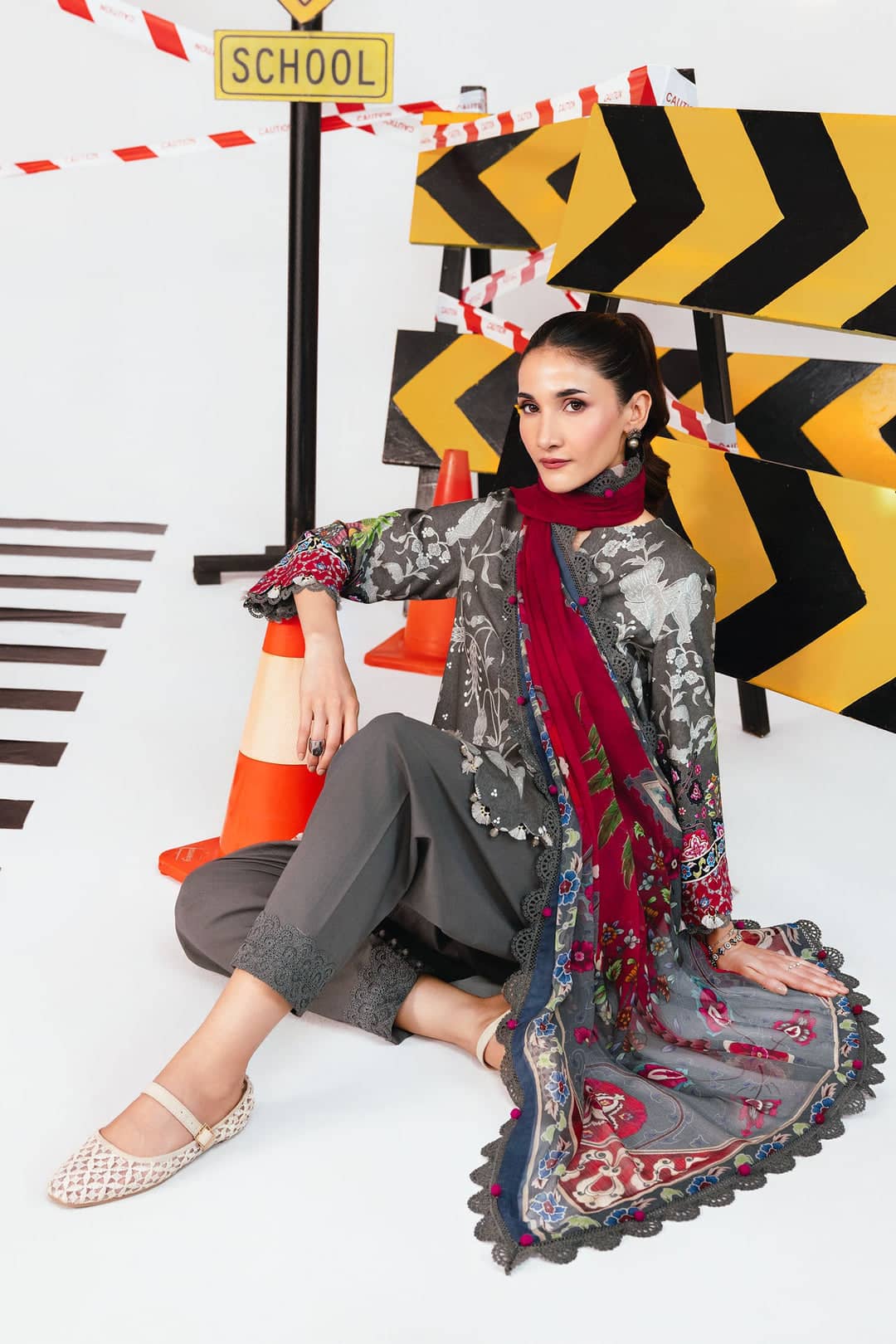 Maria B M Basics Winter Pakistani Suits Maria B M Basics/Vol 2/Marina Twill Suit/6A/Charcoal Grey