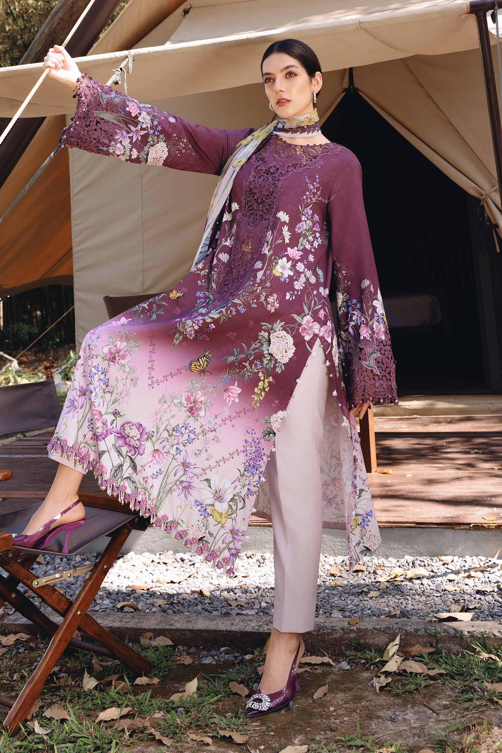 Restocked/Maria B M Prints 26/Safari Scape/9 B/Plum/Chiffon Dupatta