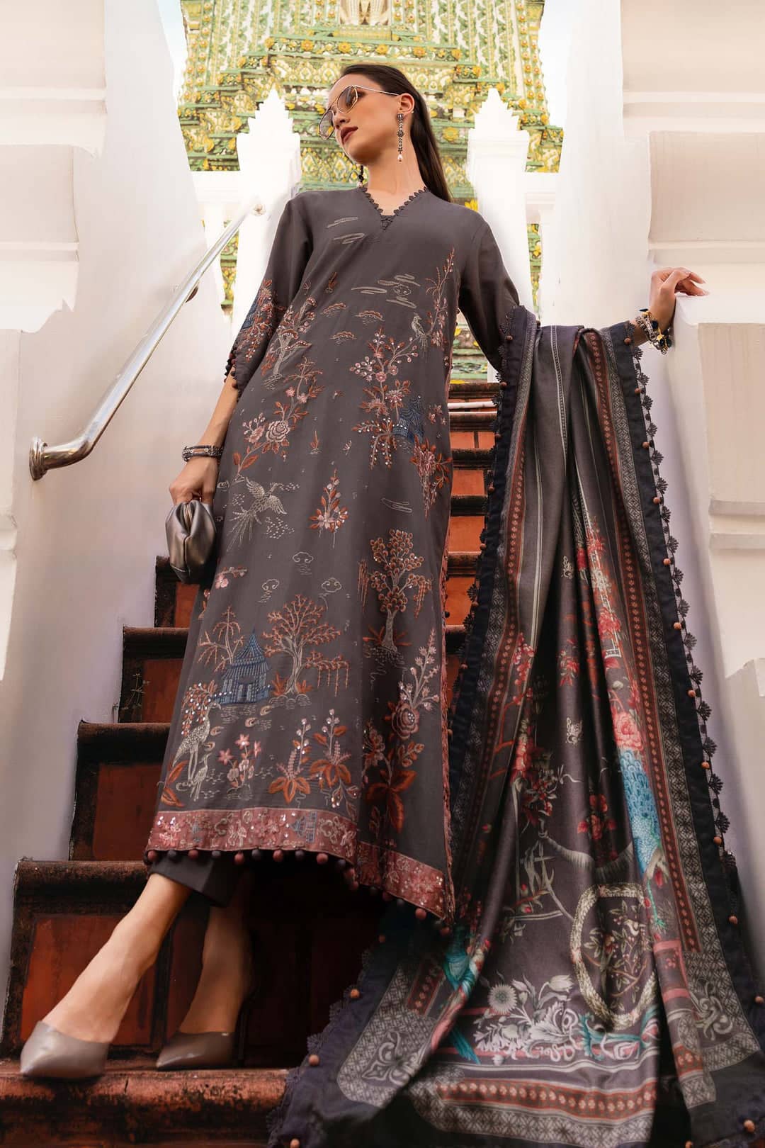 Maria B M Prints Winter Collection Maria B M Prints 25/Vol 2/1B/Winter Edit/Grey/Twill Linen/Wool Shawl