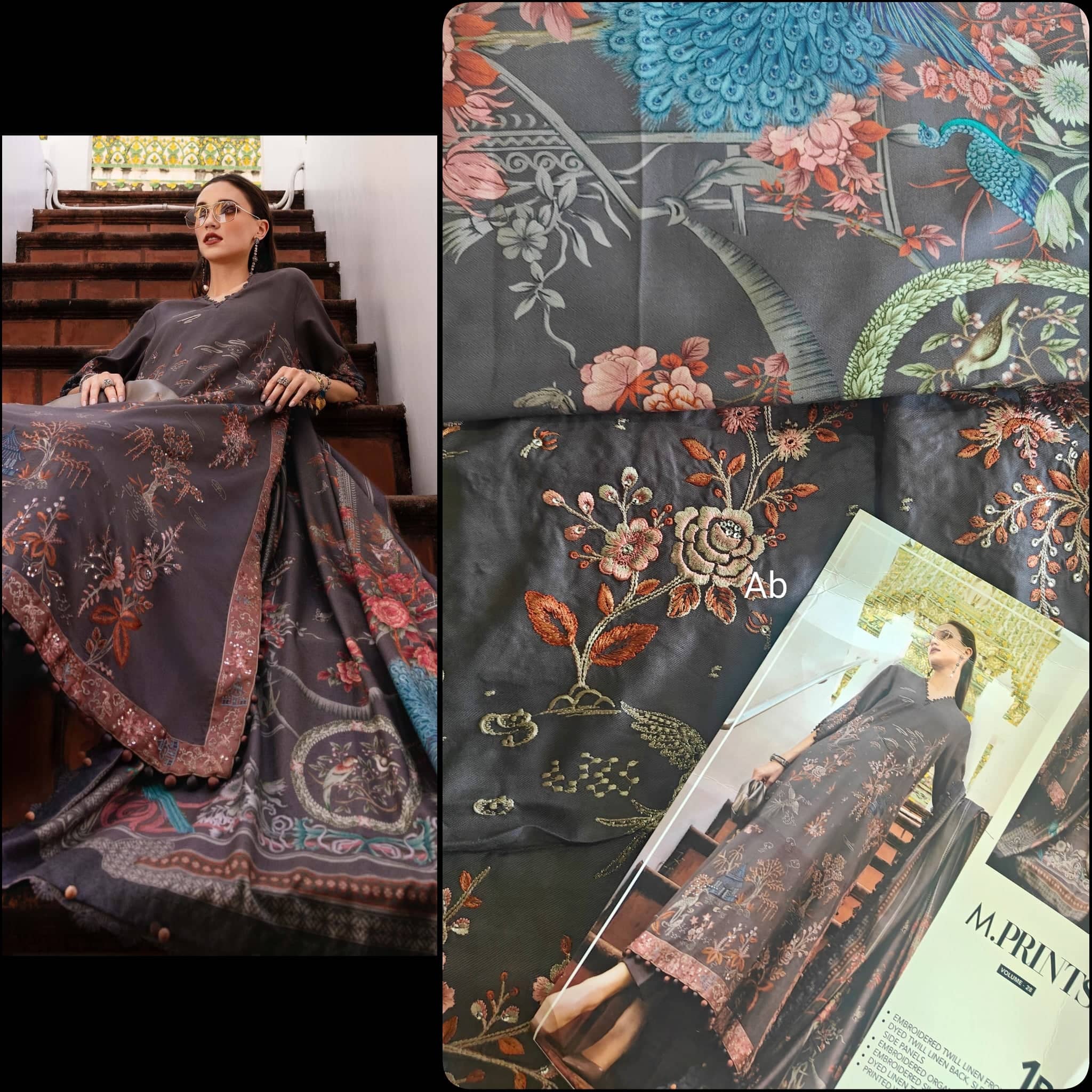 Maria B M Prints Winter Collection Maria B M Prints 25/Vol 2/1B/Winter Edit/Grey/Twill Linen/Wool Shawl