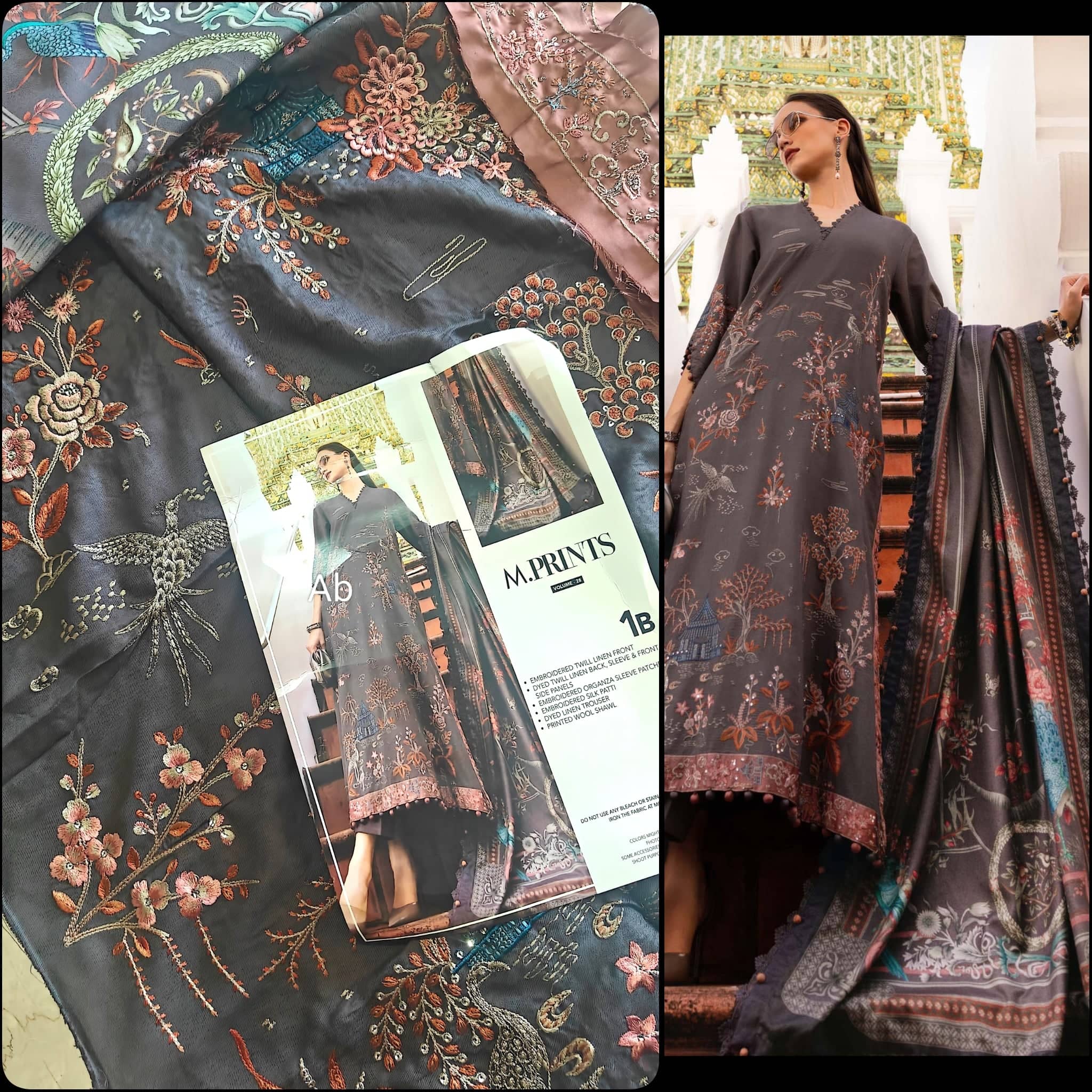 Maria B M Prints Winter Collection Maria B M Prints 25/Vol 2/1B/Winter Edit/Grey/Twill Linen/Wool Shawl