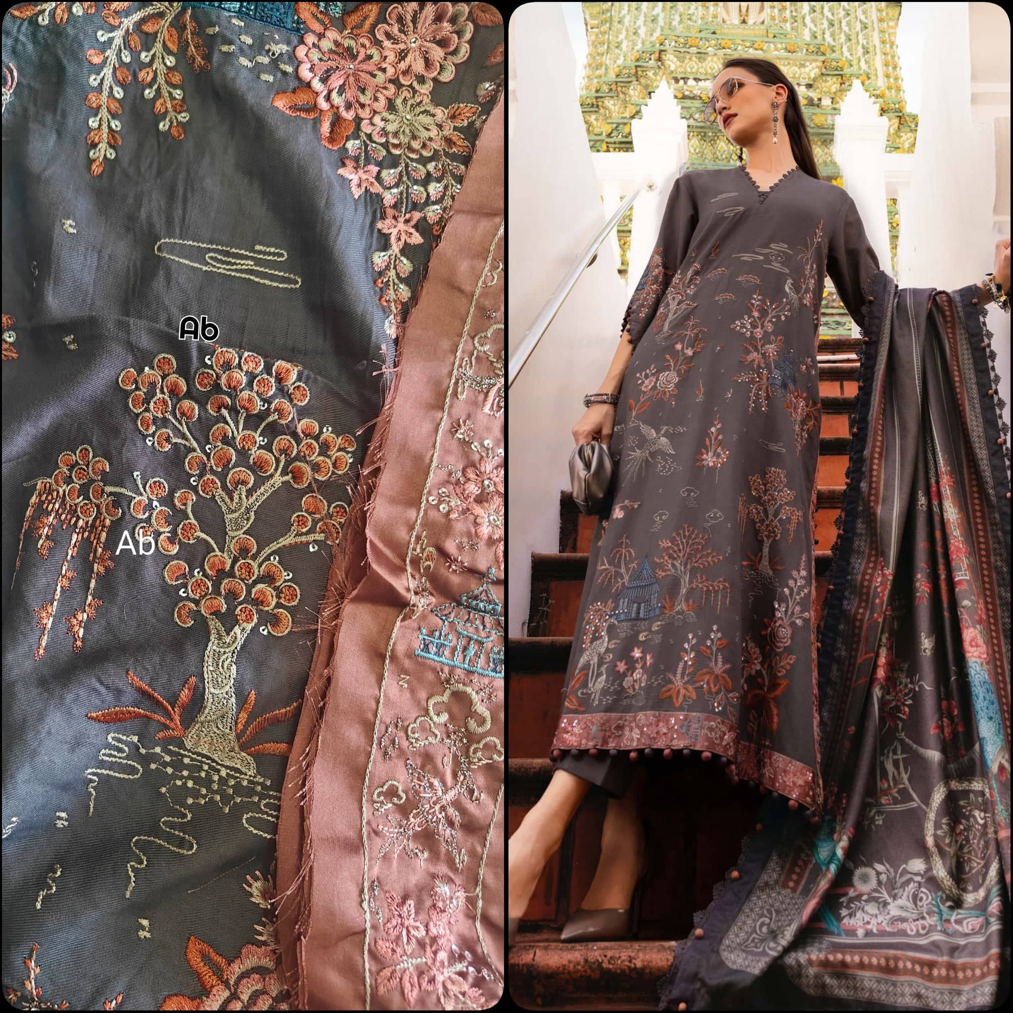 Maria B M Prints Winter Collection Maria B M Prints 25/Vol 2/1B/Winter Edit/Grey/Twill Linen/Wool Shawl