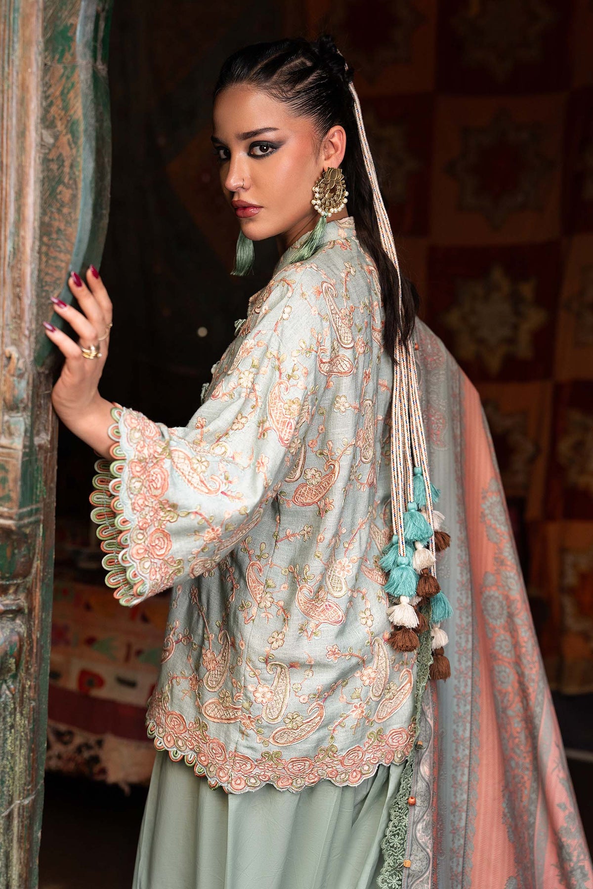 Maria B M Prints/Fall Edit 26/8 B/Irish Linen Suit/Sea Green/Shawl