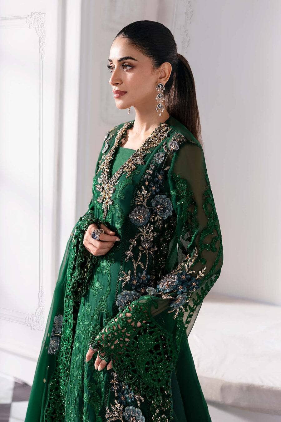 Maria B Mbroidered 25/Crystal Embedded/Emerald Green
