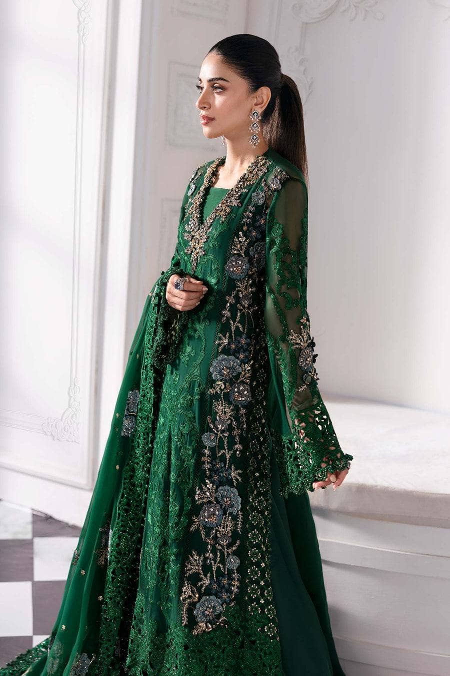 Maria B Mbroidered 25/Crystal Embedded/Emerald Green