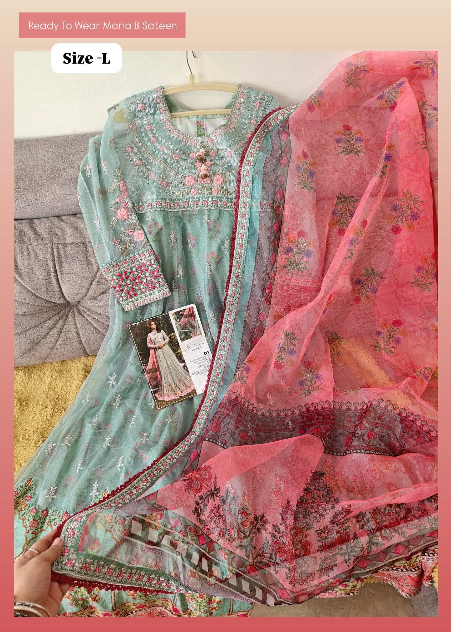 Stitched/Maria B Sateen/Large/CST-201-AZURE BLUE AND CANDY