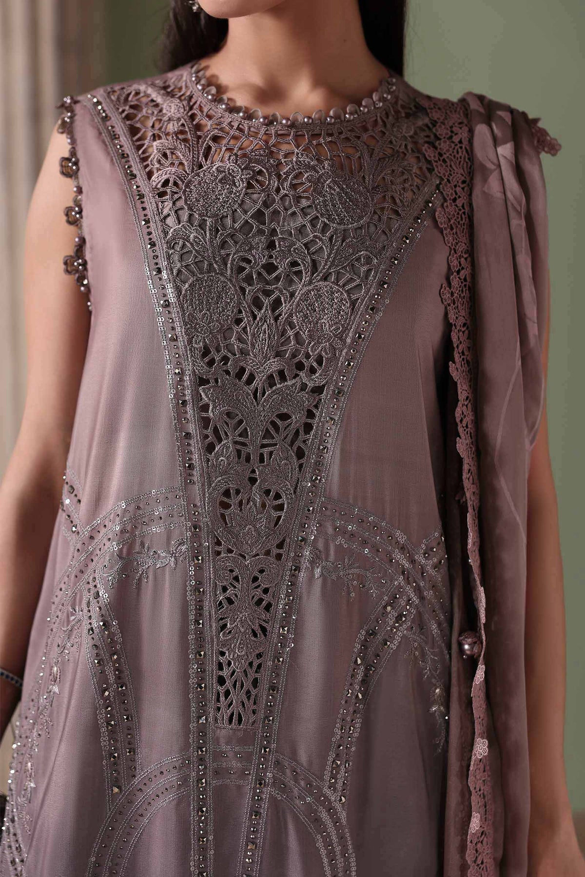 Maria B Soiree Luxury Formals 26/Embroidered Bell Raw Silk Suit/Coffee &Grey